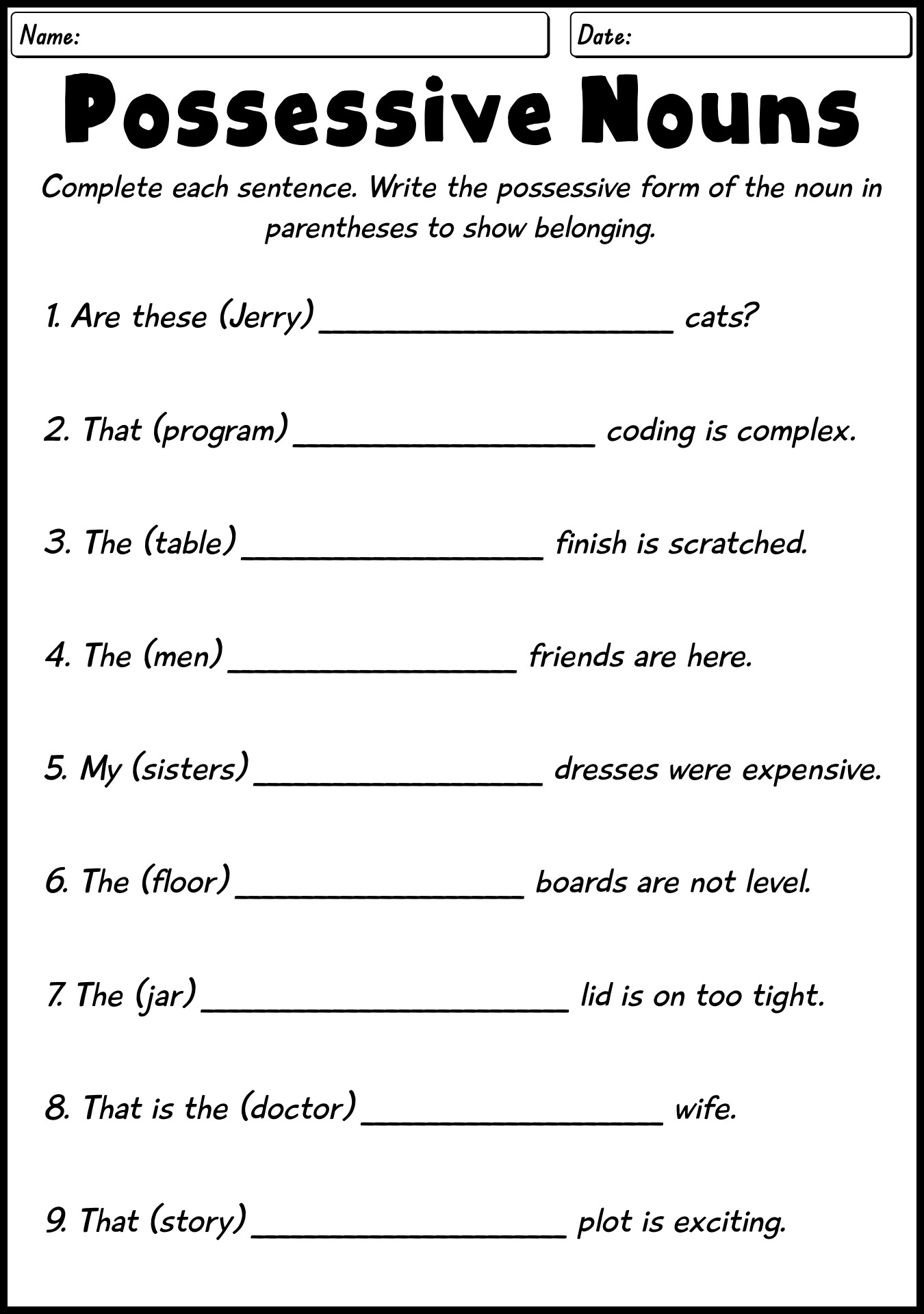 Possessive Nouns Practice Sheets for Kids