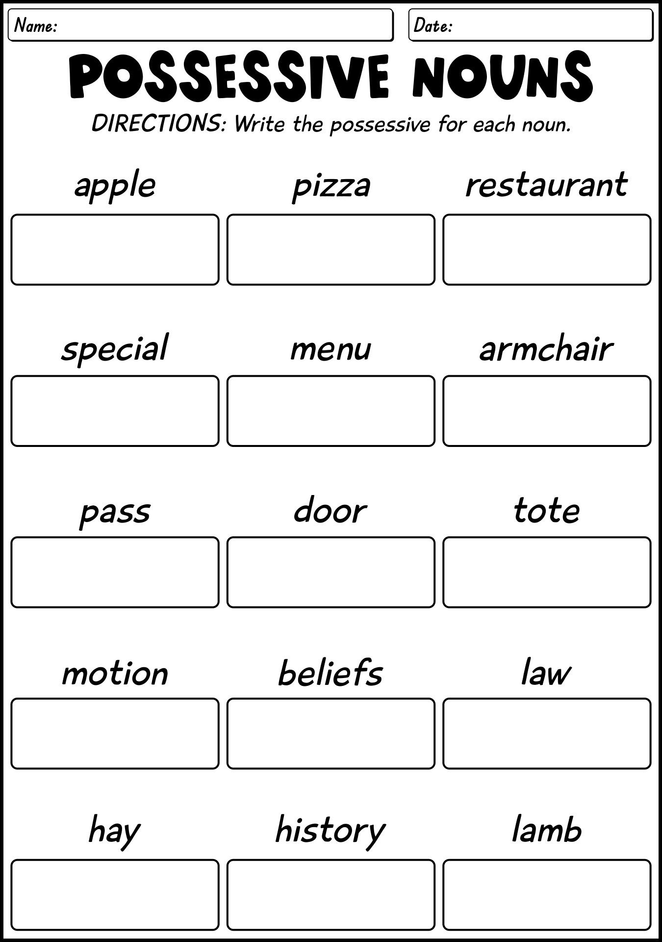 Possessive Nouns Quiz Sheets for Students