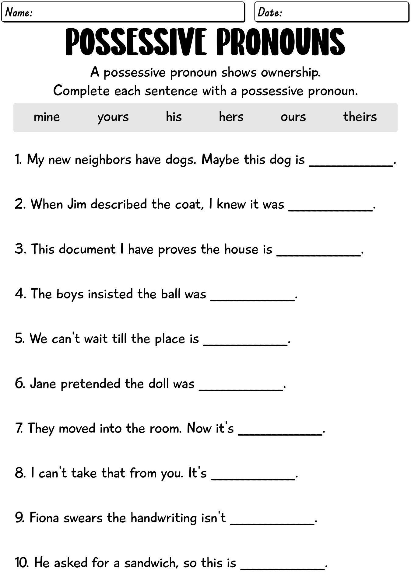 Possessive Pronouns and Nouns Exercises Printables