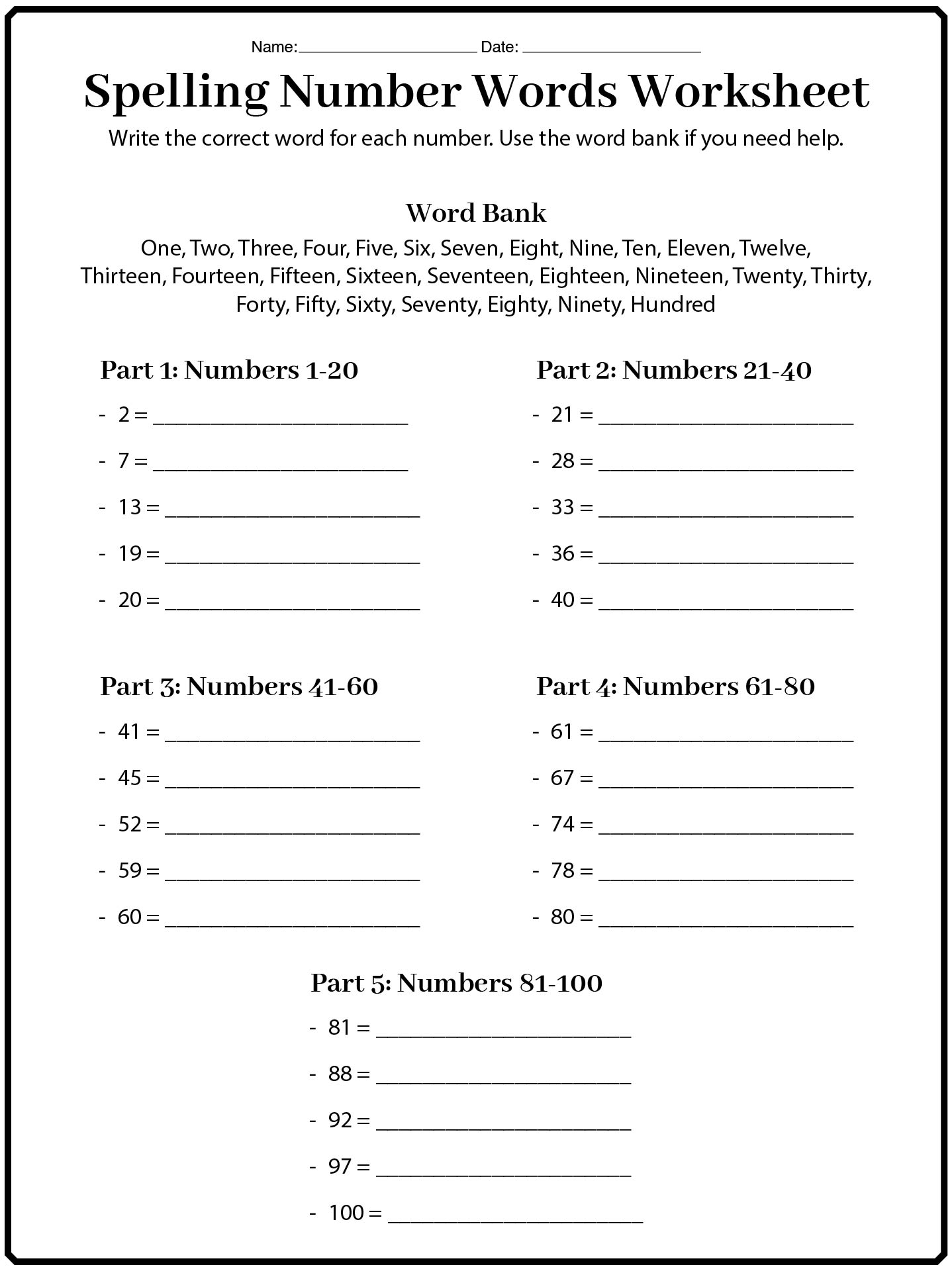 Practice Spelling Number Words 1-100 Worksheets