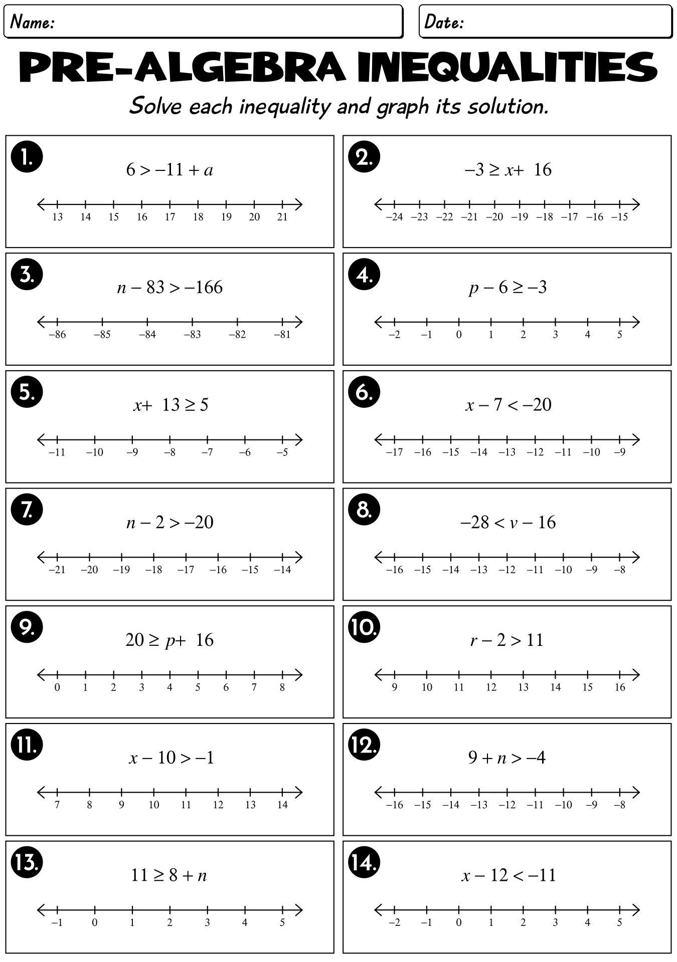 Pre-Algebra Inequalities Worksheets