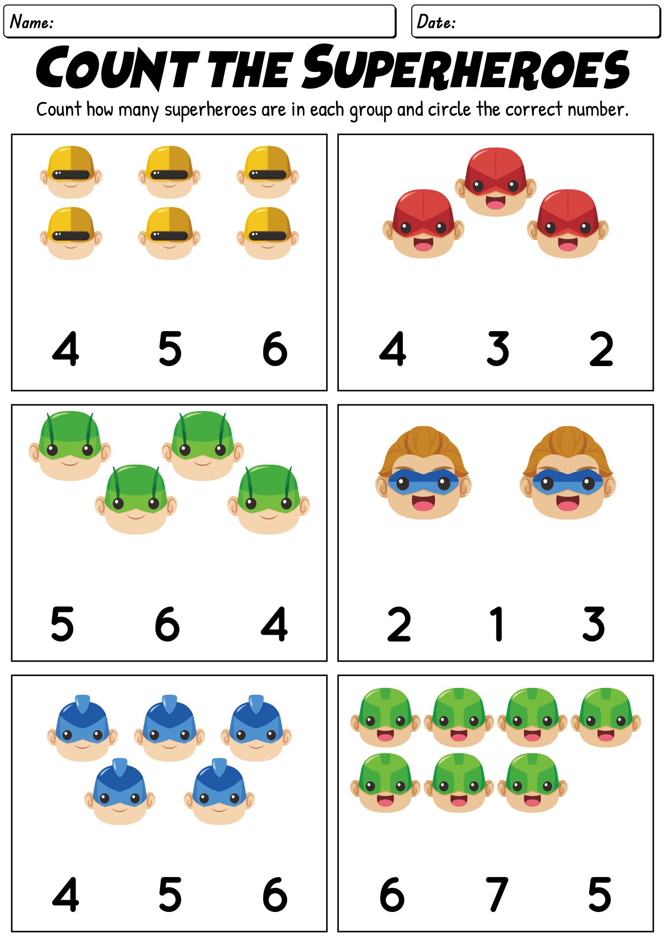 Pre-K Superhero Number Learning Worksheets