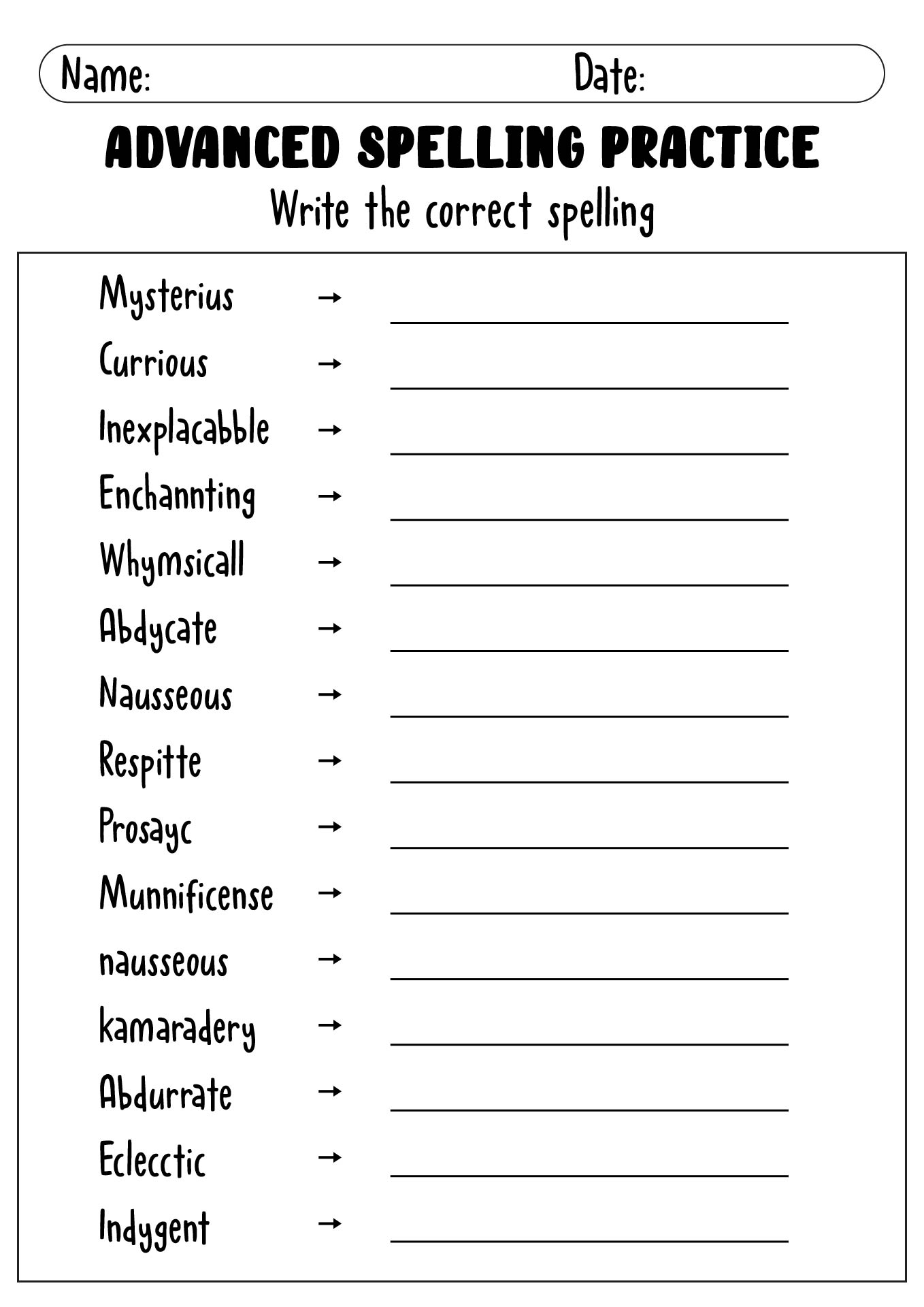 Printable Advanced Spelling Practice Worksheets For Students