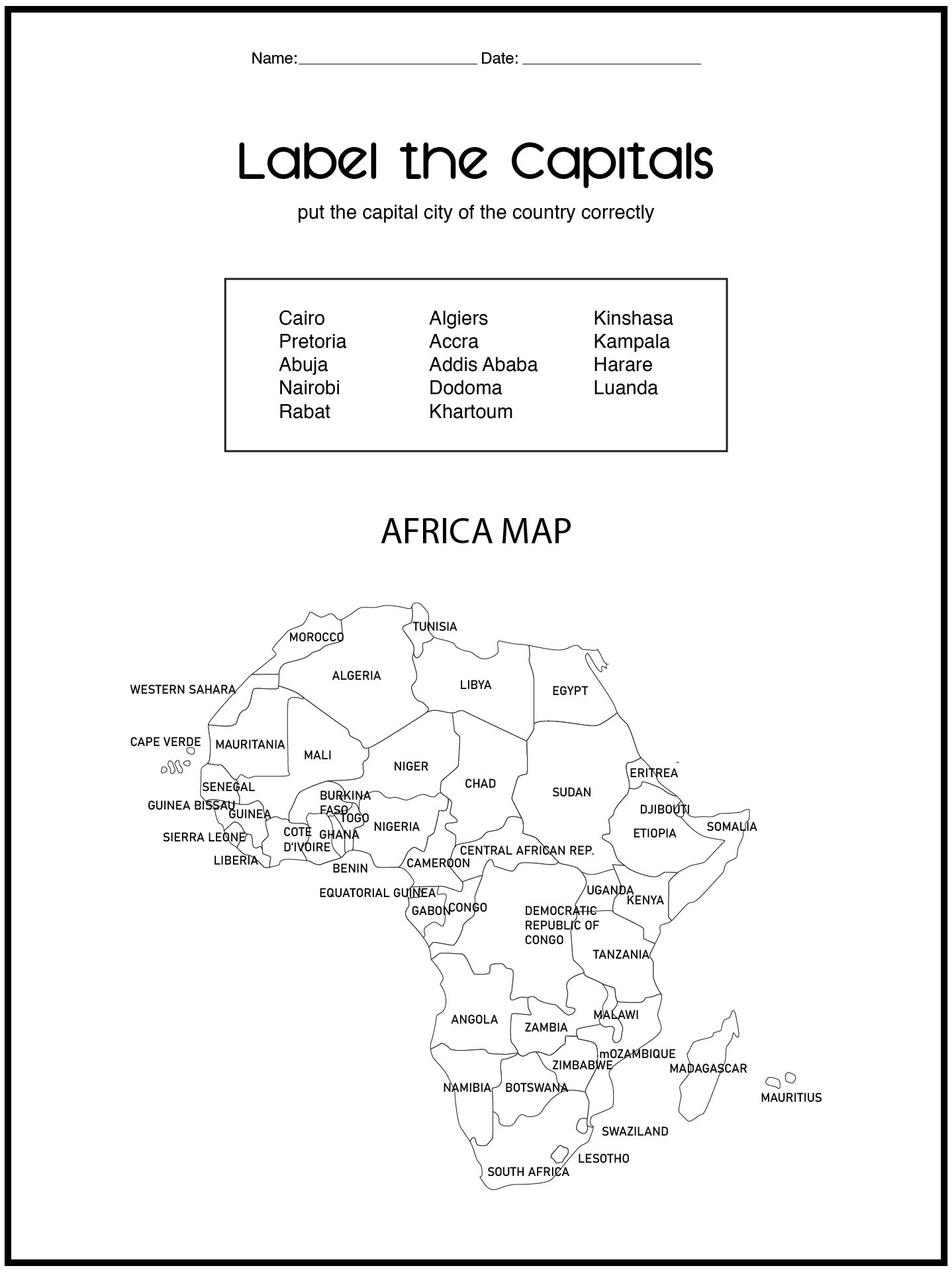 Printable Africa Map Study Guide Worksheet