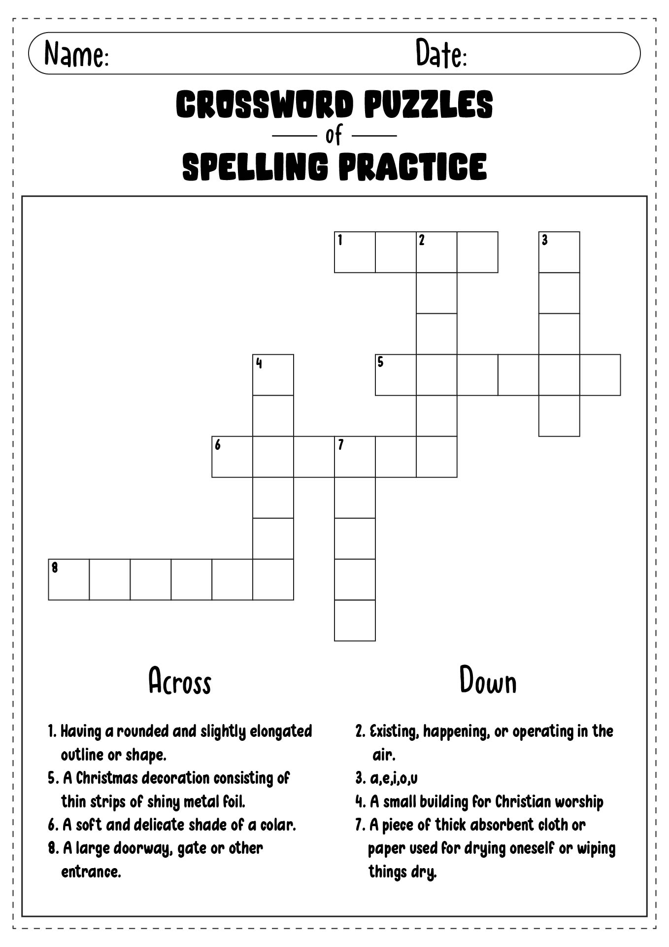 Printable Crossword Puzzles For Spelling Practice