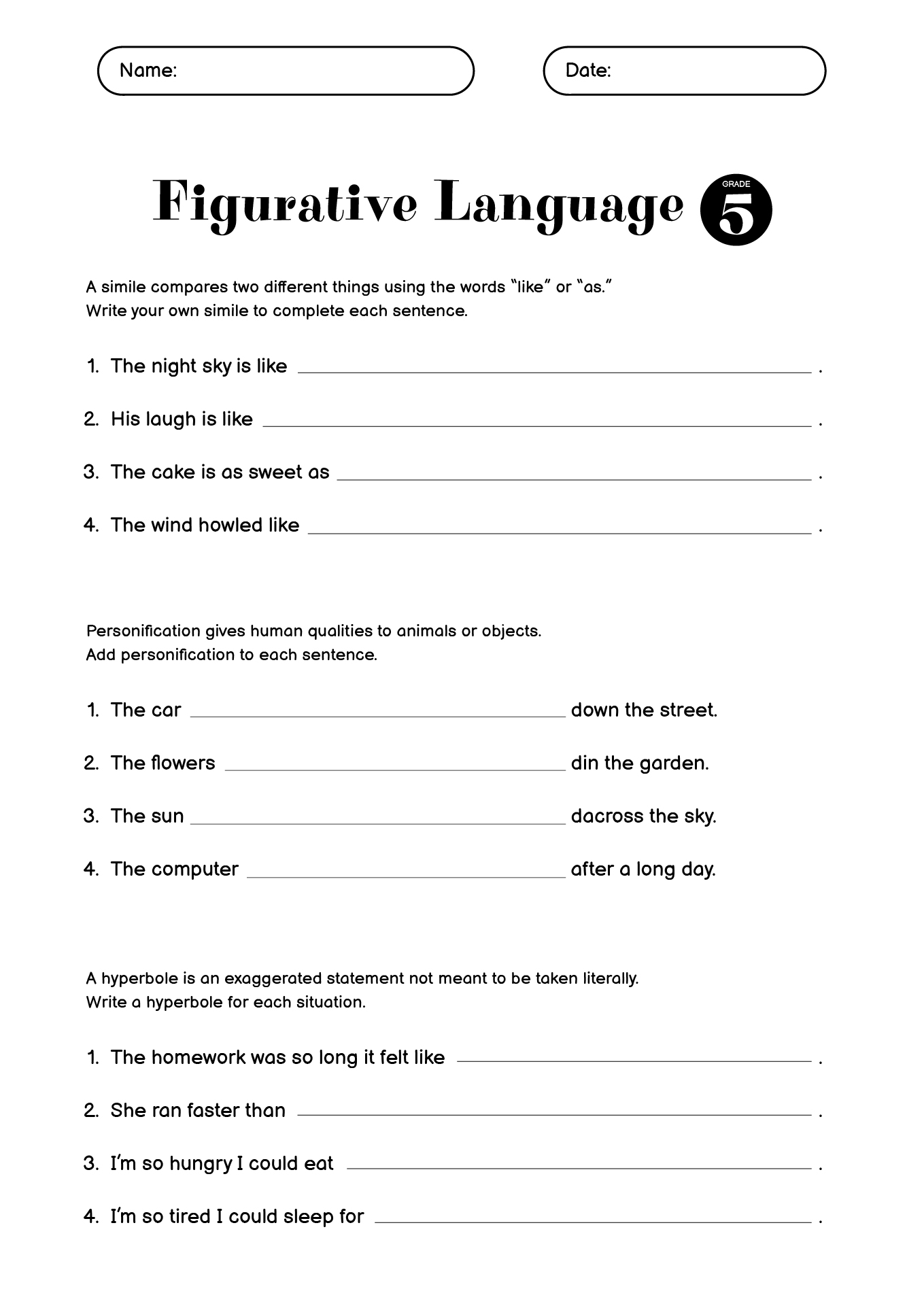 Printable Figurative Language Practice Sheets for 5th Grade