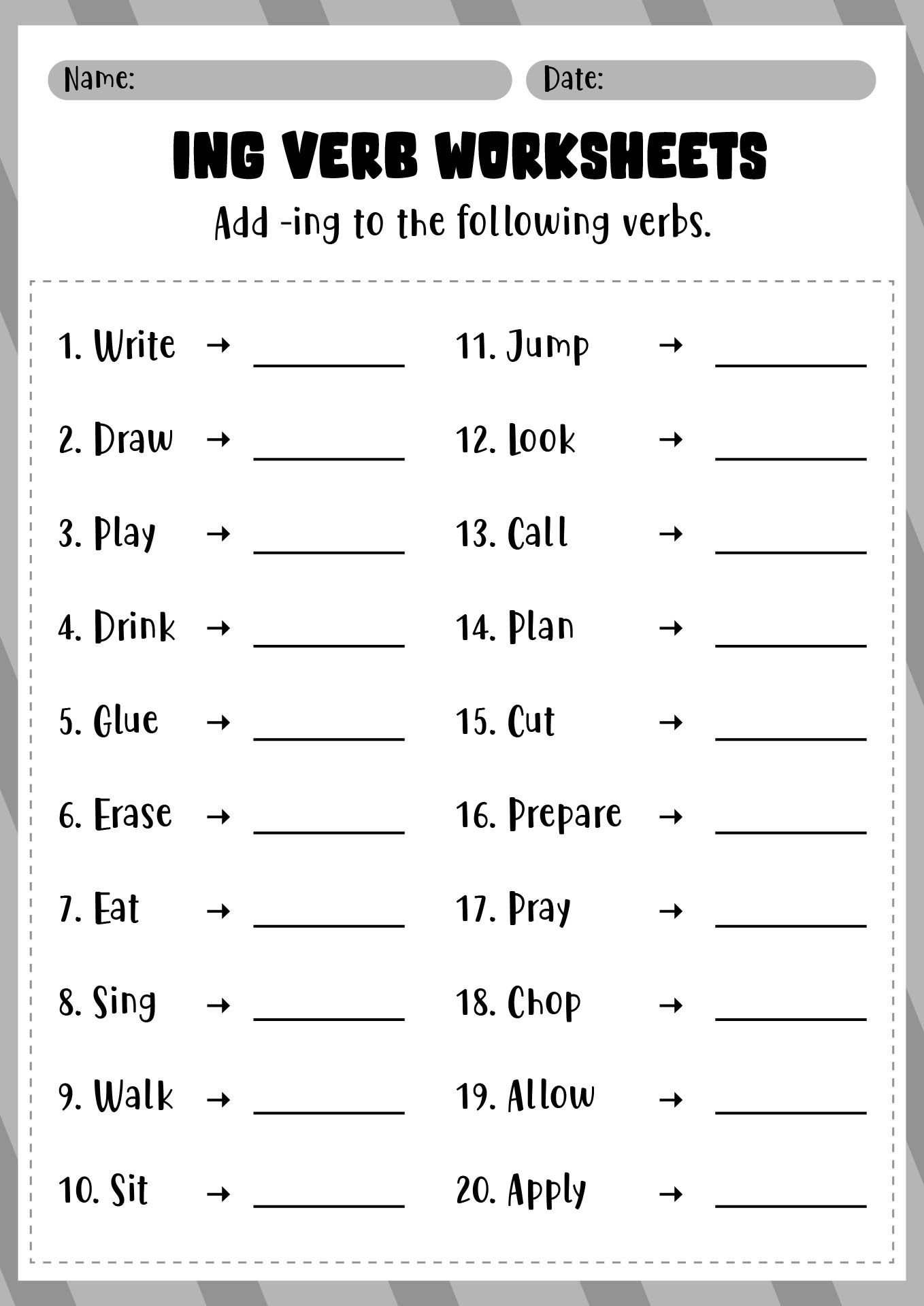 Printable ING Verb Worksheets For Kids