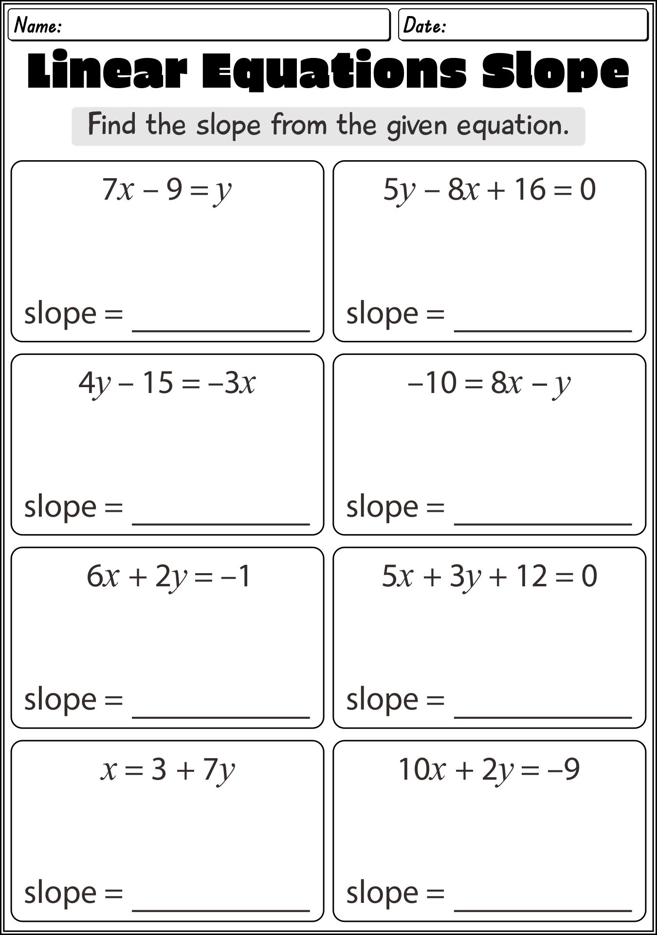 Printable Linear Equations Slope Worksheets