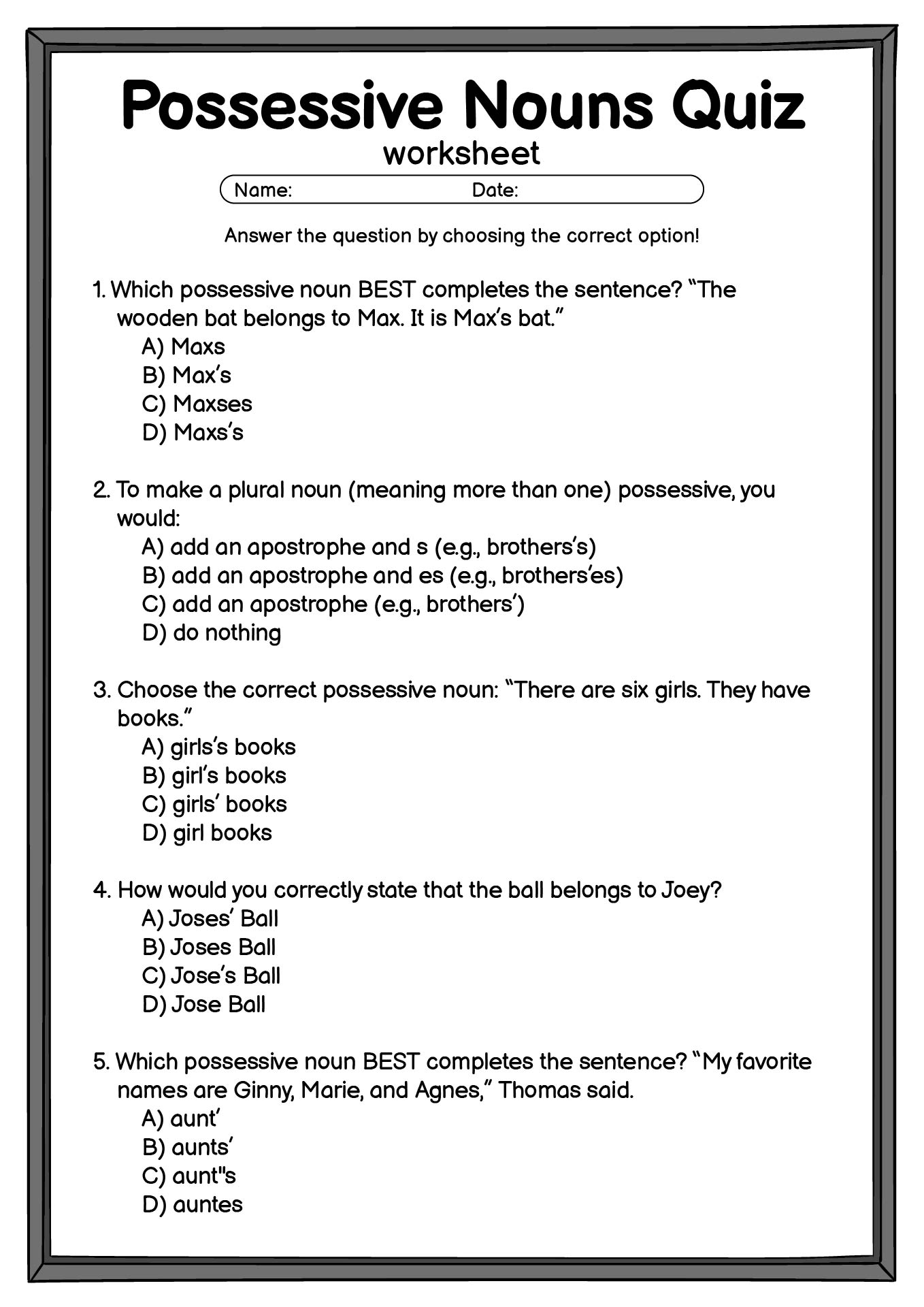 Printable Possessive Nouns Quiz for Fourth Grade