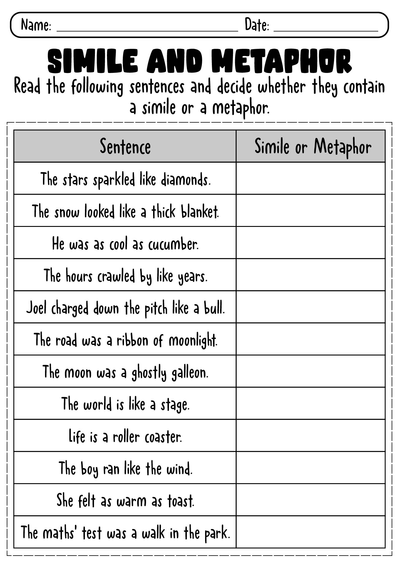 Printable Simile and Metaphor Worksheets