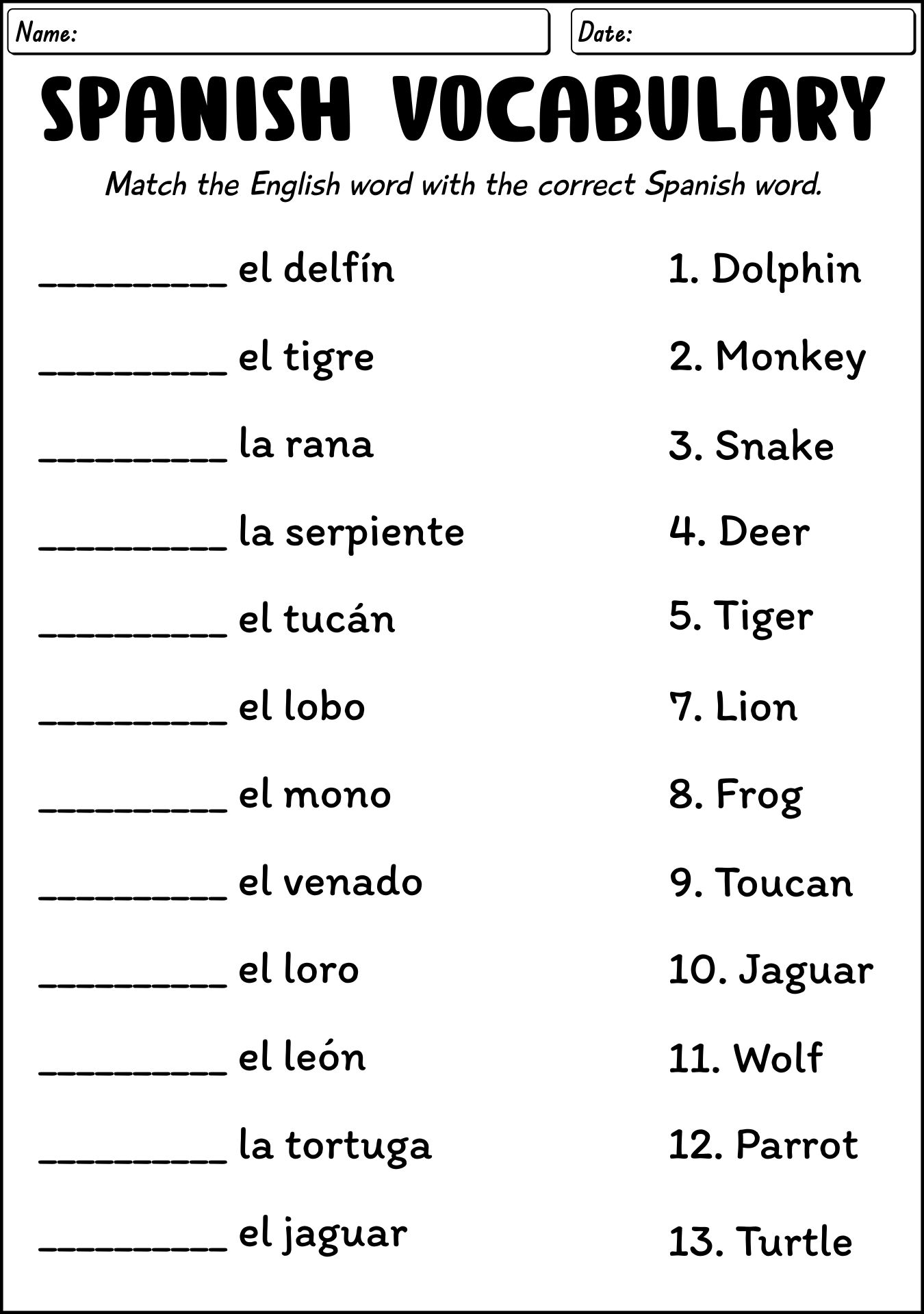 Printable Spanish Vocabulary Worksheets for Beginners