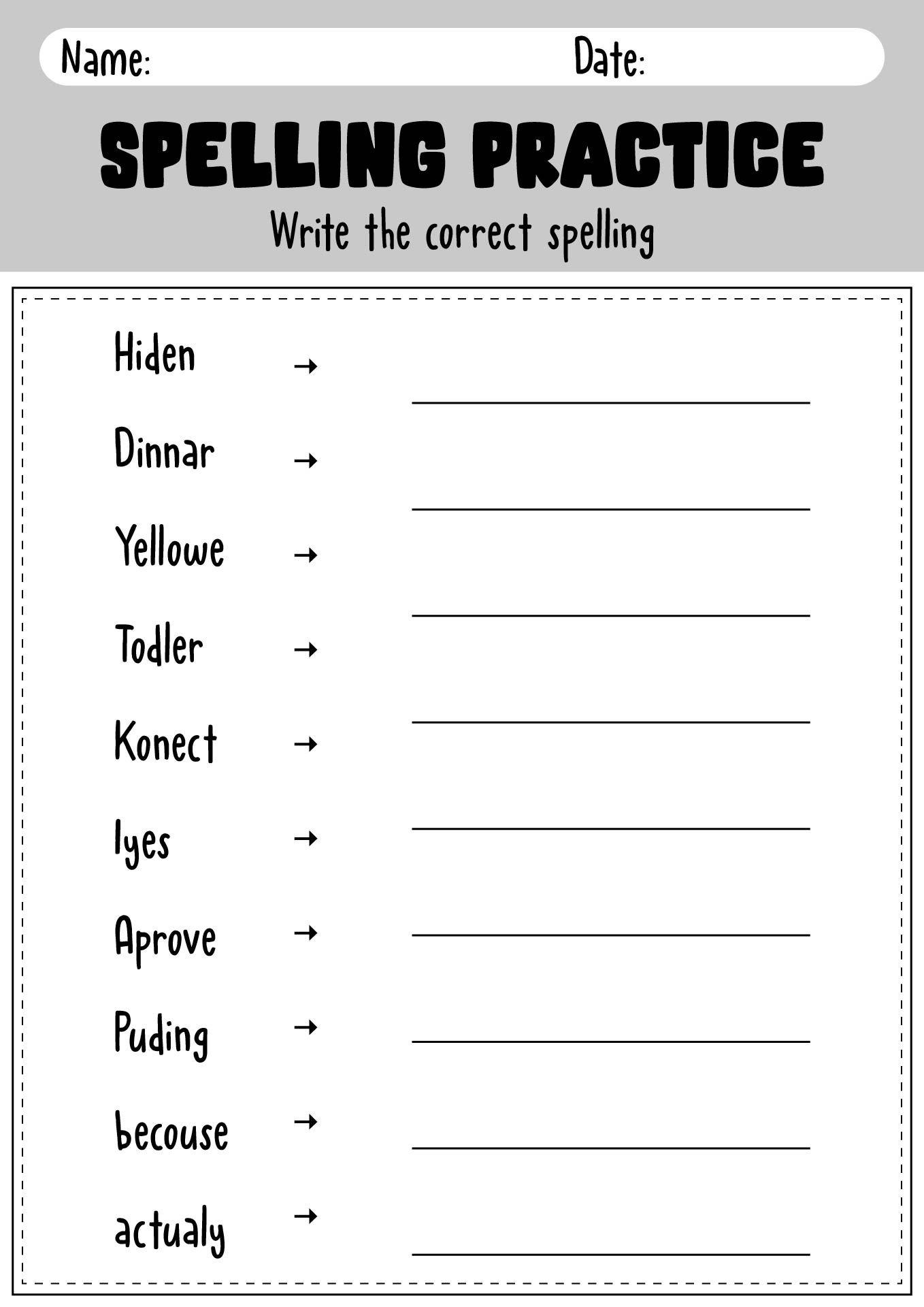 Printable Spelling Vocabulary Practice Sheets