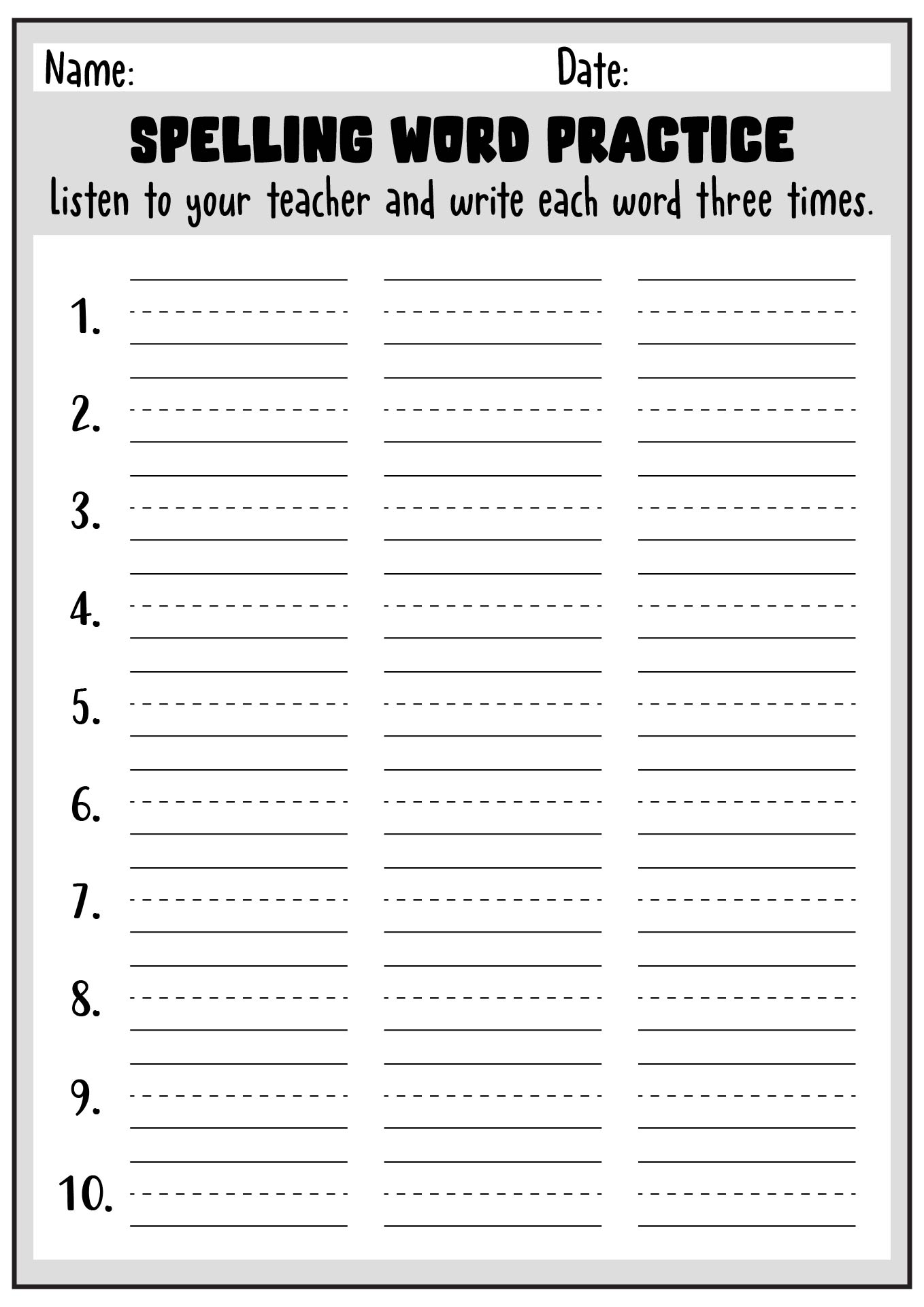 Printable Spelling Word Practice Worksheets