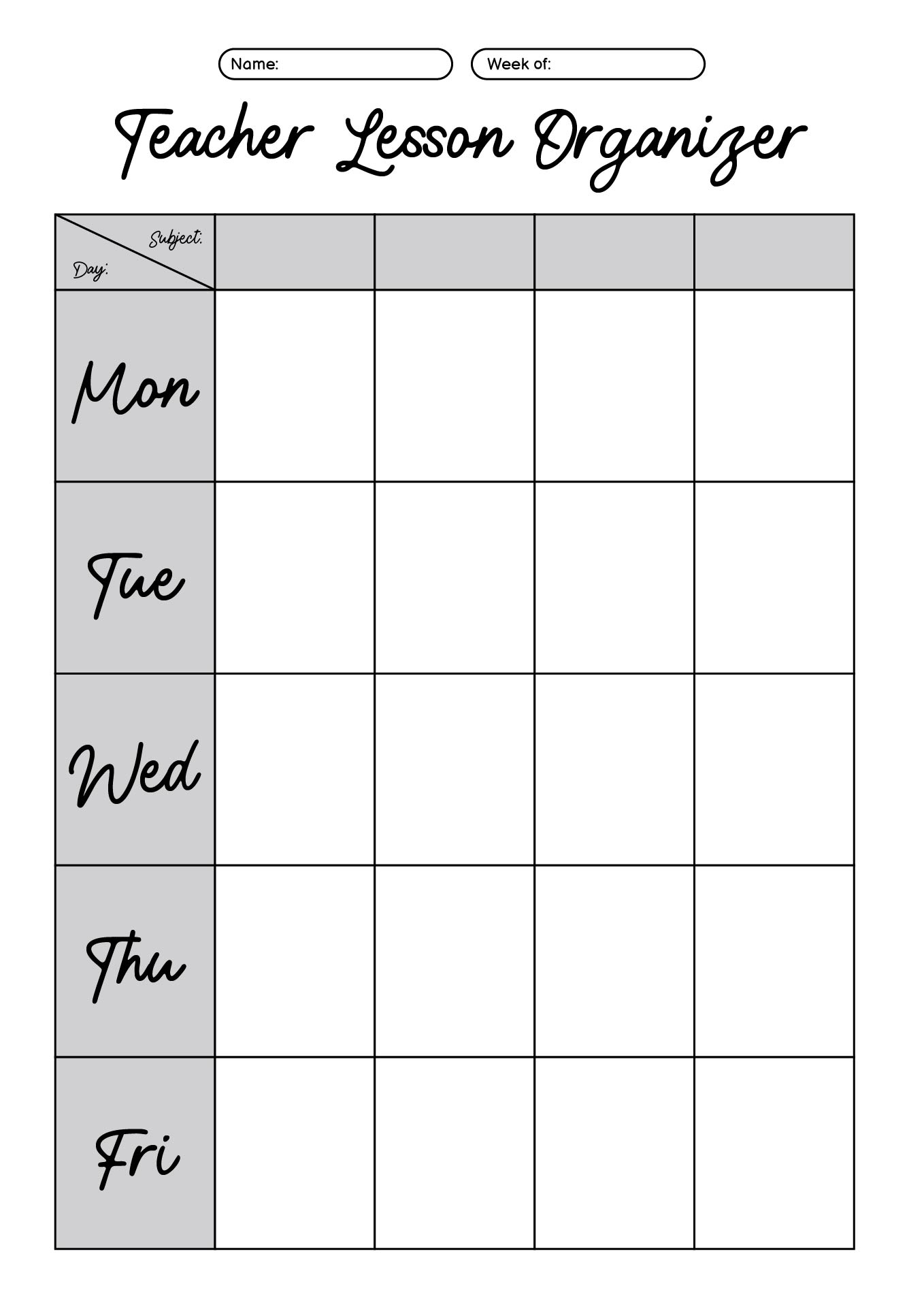 Printable Teacher Lesson Organizer Worksheets