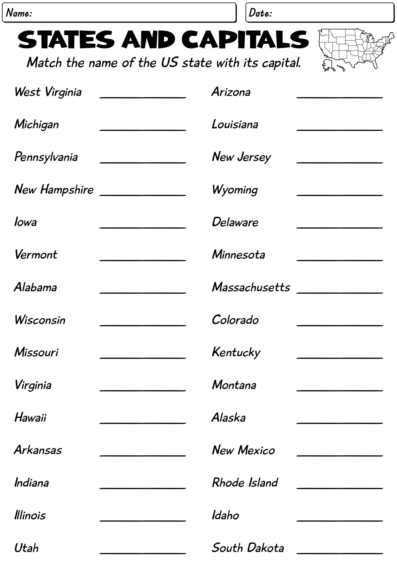 Printable US State Capitals Quiz Sheets