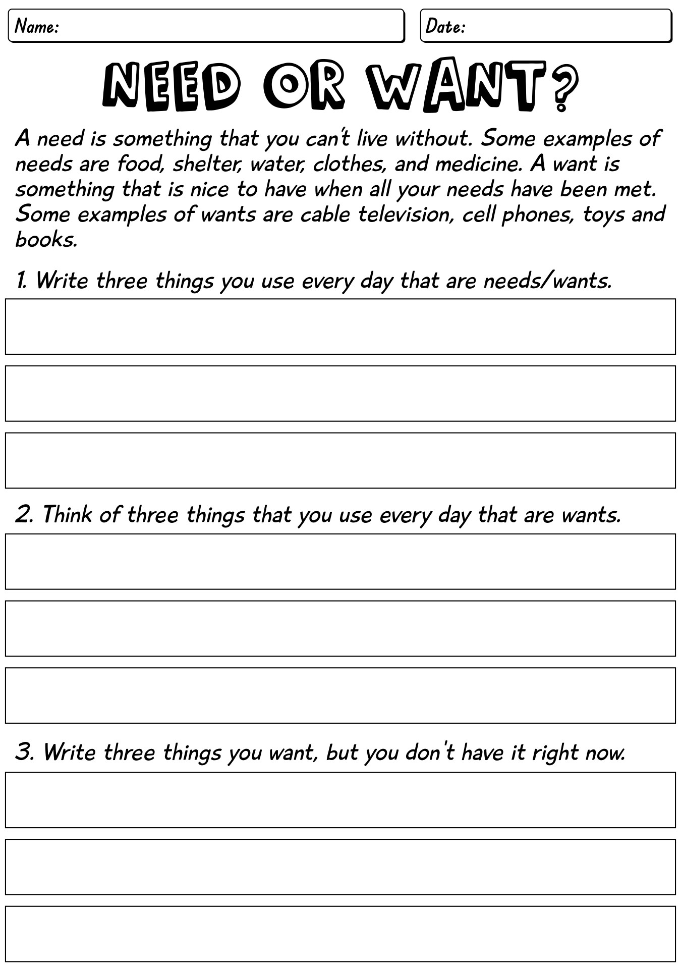 Printable Want vs Need Worksheet for Adults