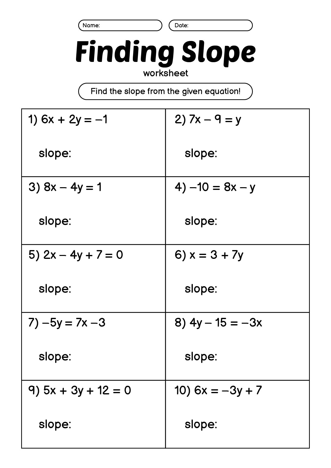 Printable Worksheets for Finding Slope