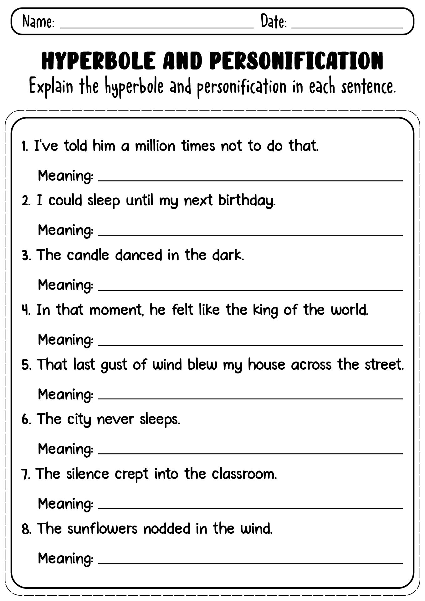 Printable Worksheets on Hyperbole and Personification