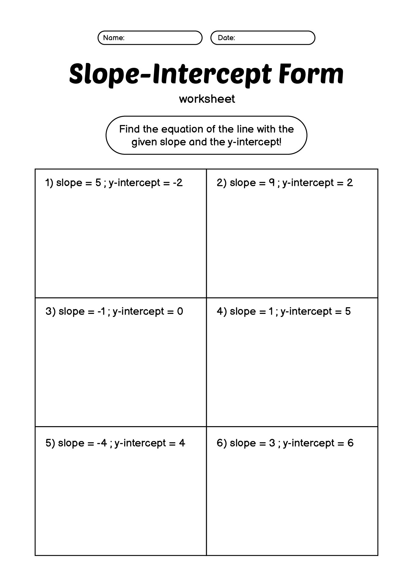 Printable Worksheets on Slope-Intercept Form