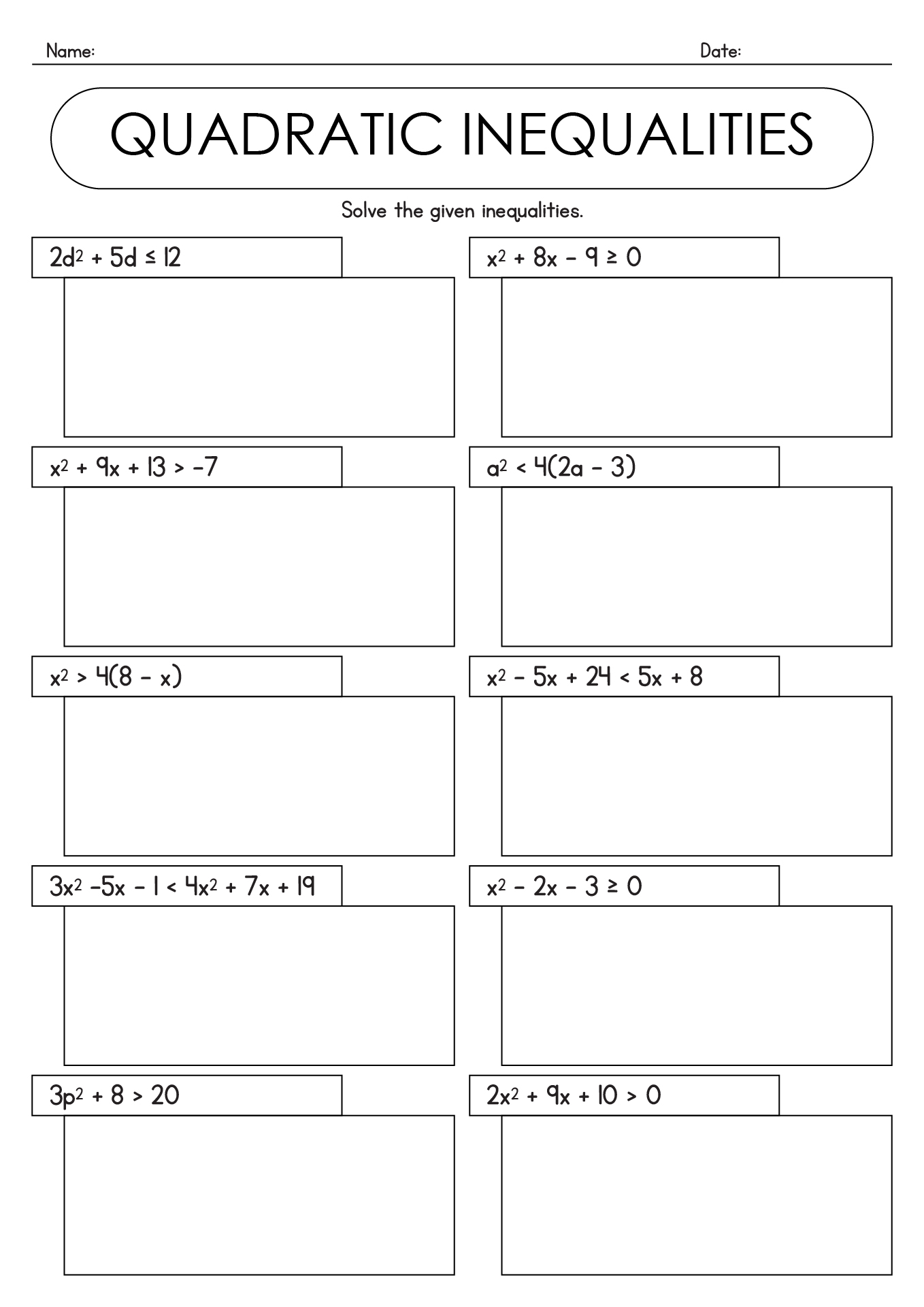 Quadratic Inequalities Algebra Exercises Worksheets