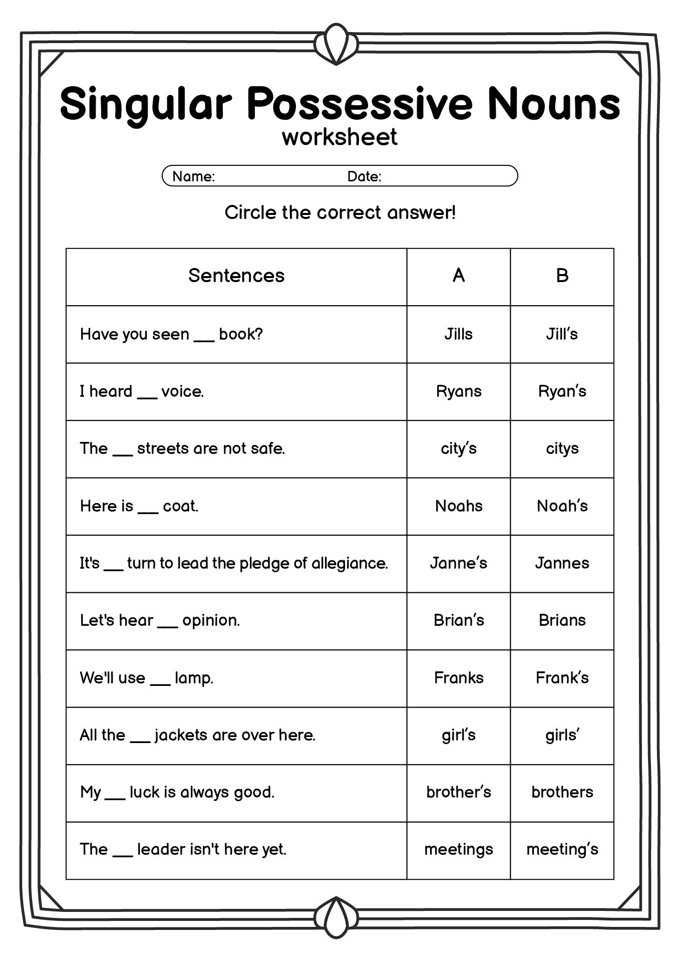 Singular Possessive Nouns Worksheets for Second Grade