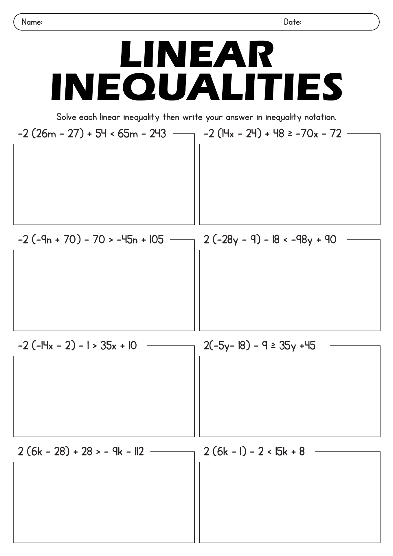 Solving Linear Inequalities Algebra Worksheets