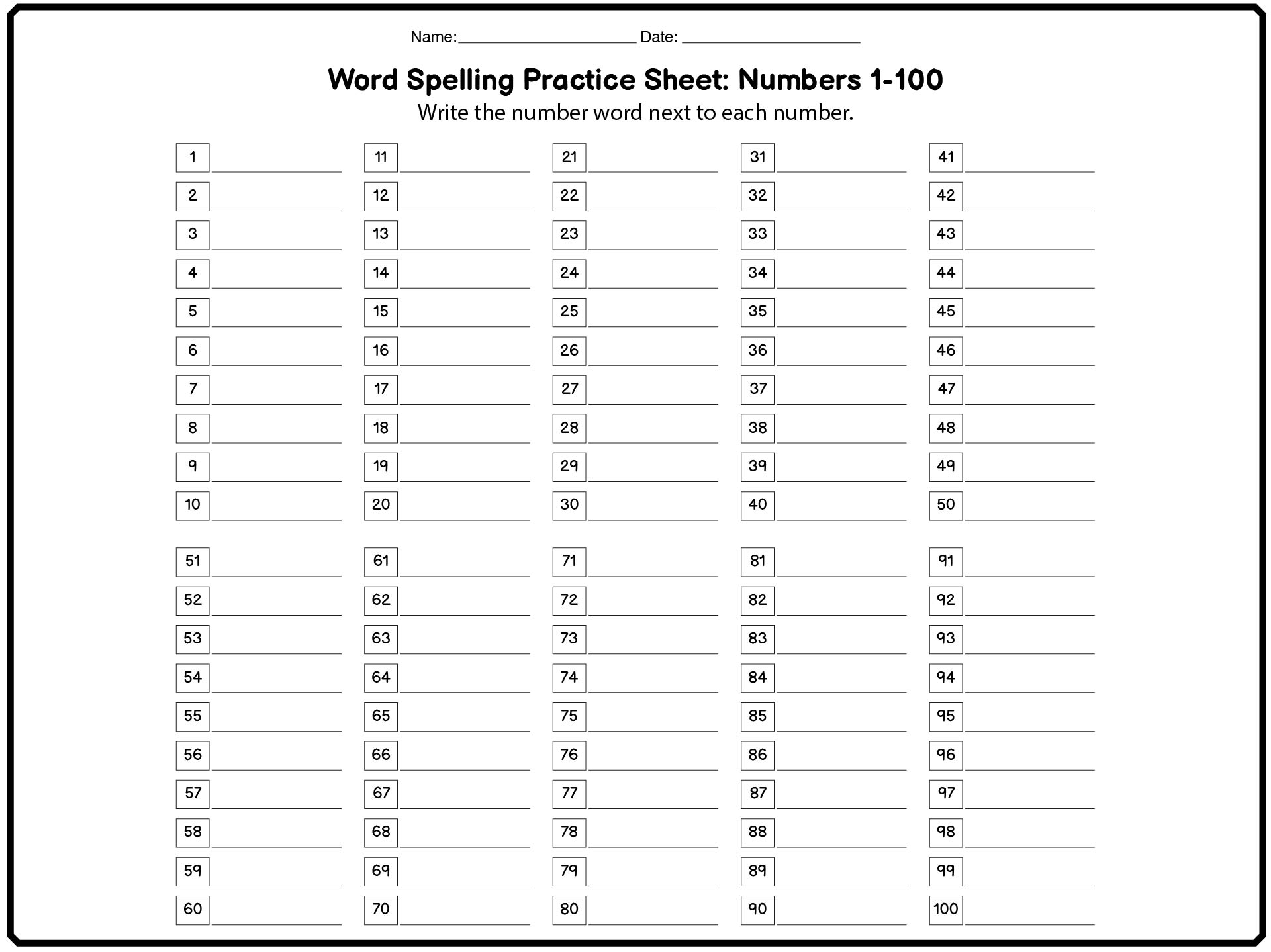 Spelling Number Words from One to Hundred Exercise Worksheets