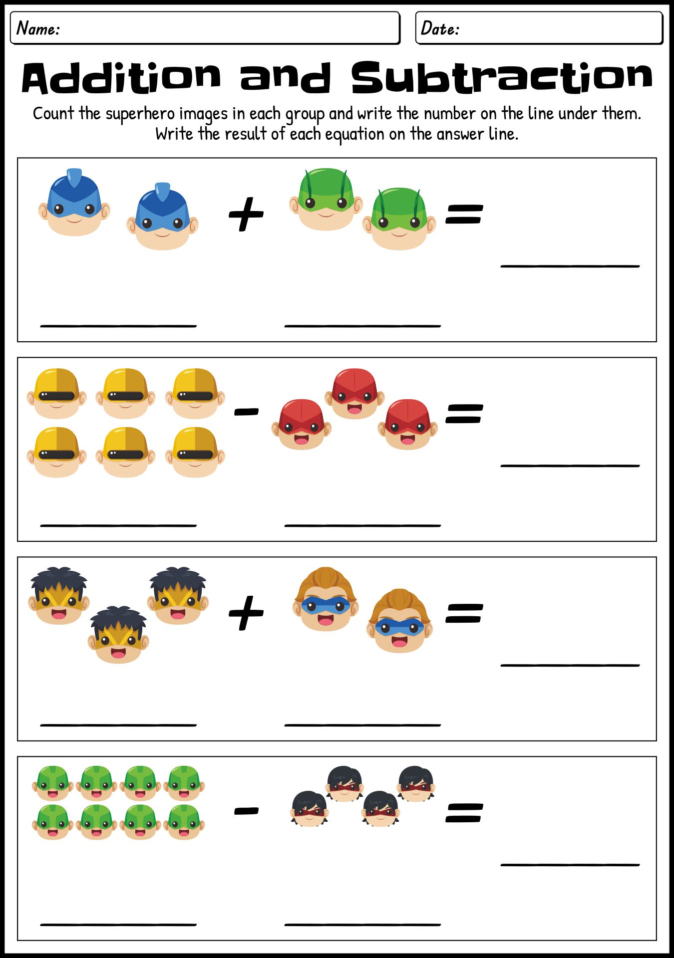 Superhero Addition And Subtraction Worksheets