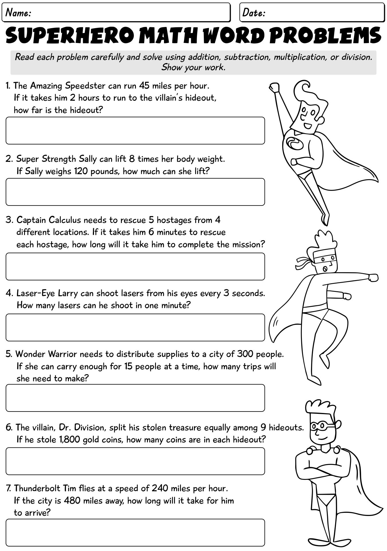 Superhero Math Word Problems Activities