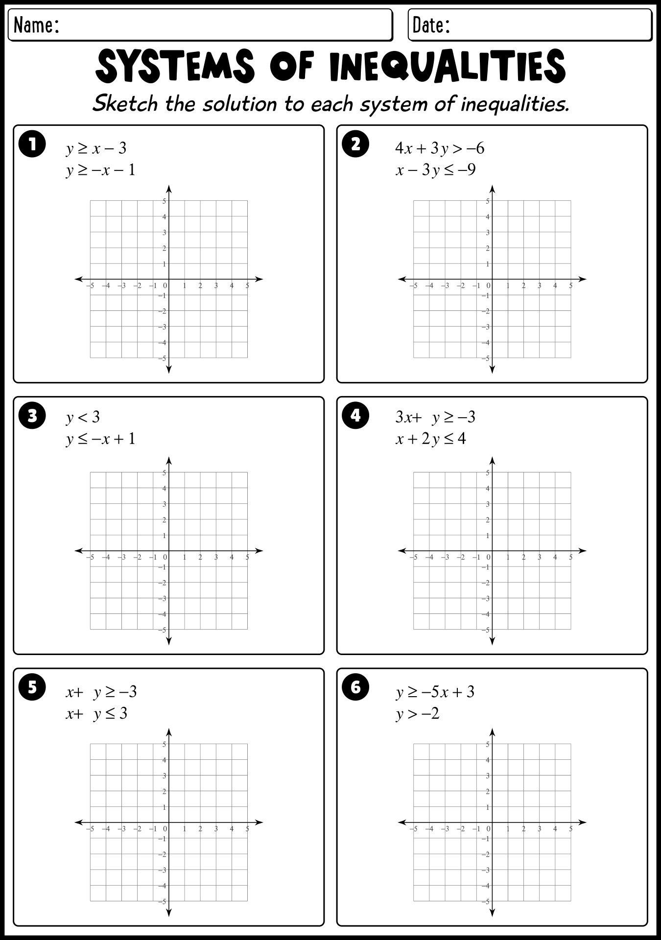 Systems of Inequalities Algebra Worksheets