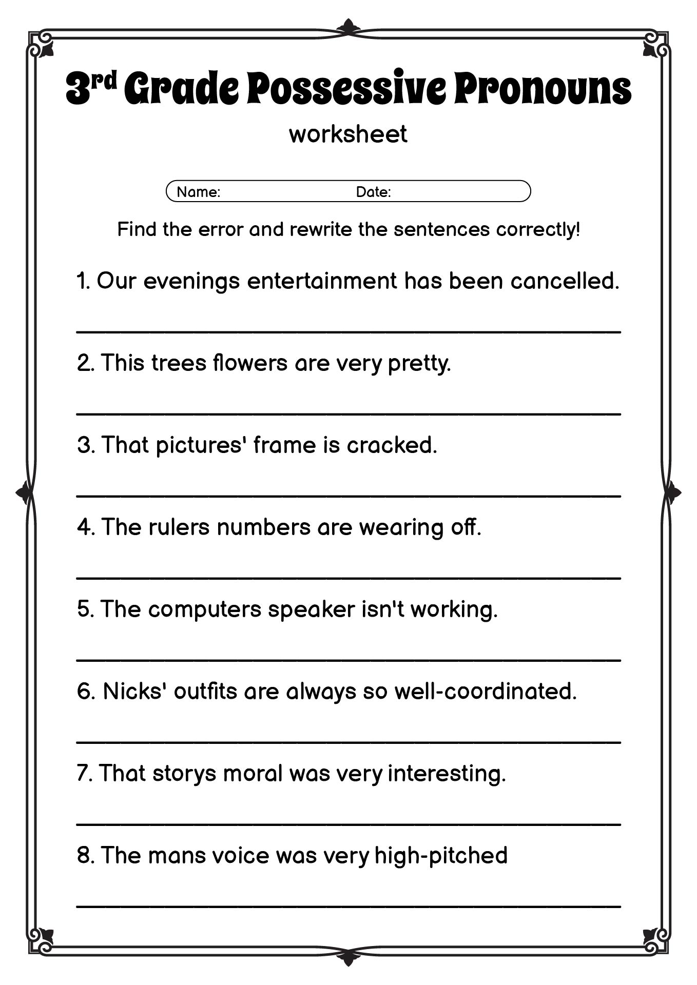 Third Grade Possessive Pronouns Worksheets