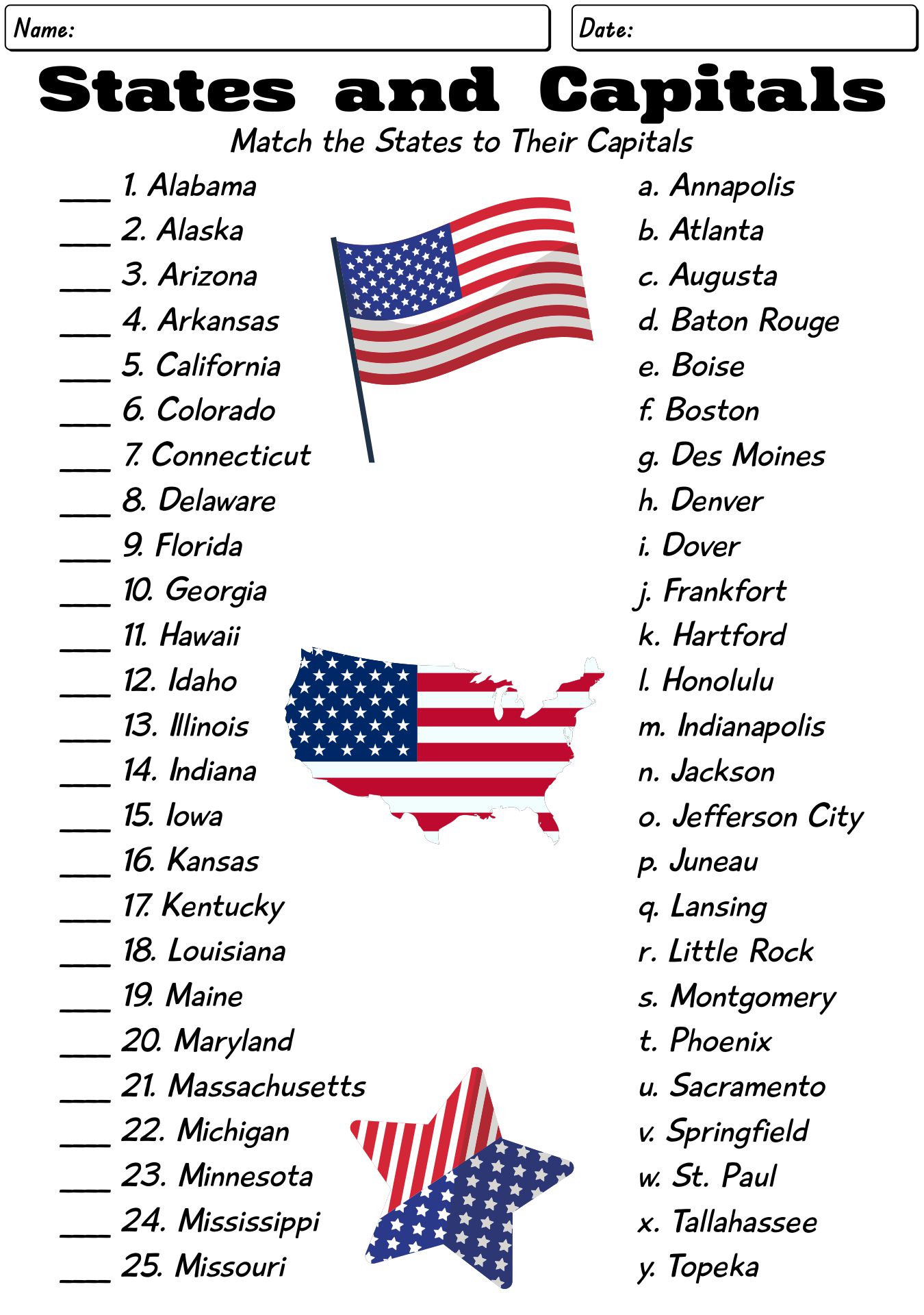 US States and Capitals Matching Worksheets