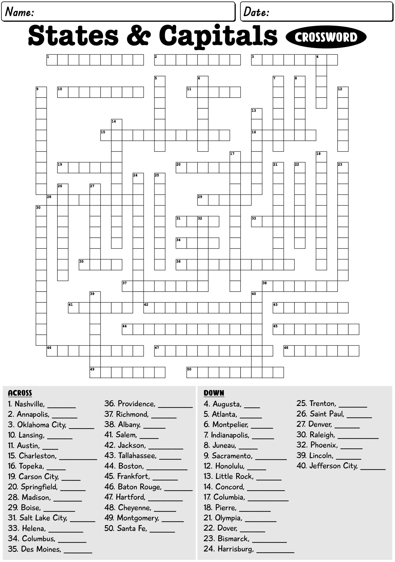 US States Capitals Crossword Puzzles