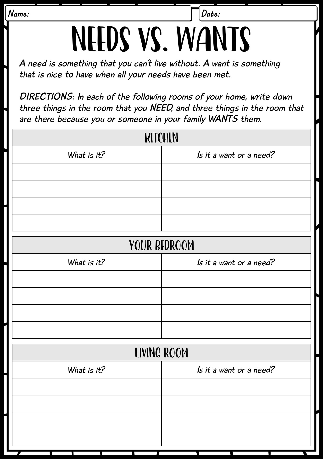 Want vs Need Decision Making Worksheet for Adults