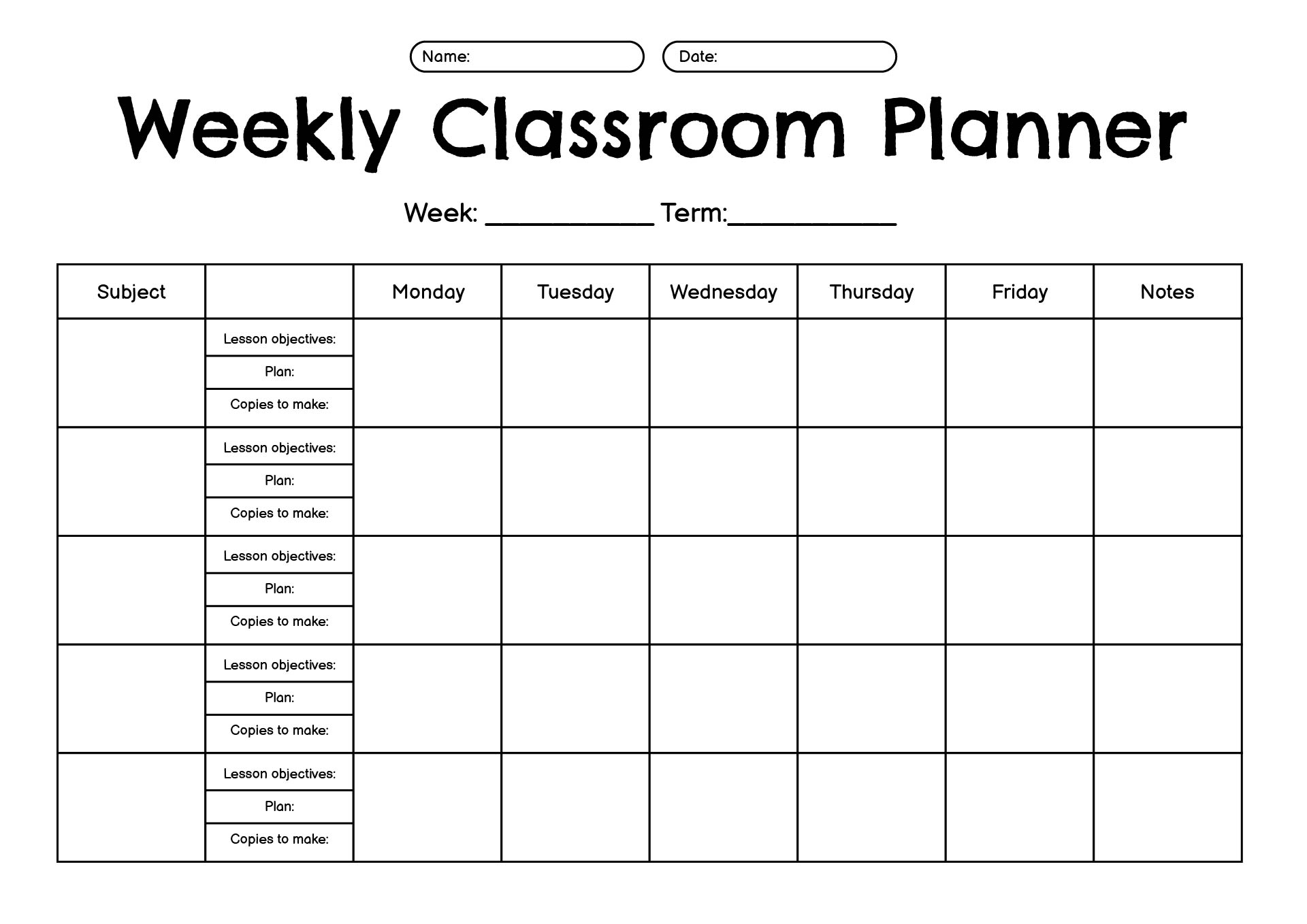 Weekly Classroom Planning Worksheets for Teachers