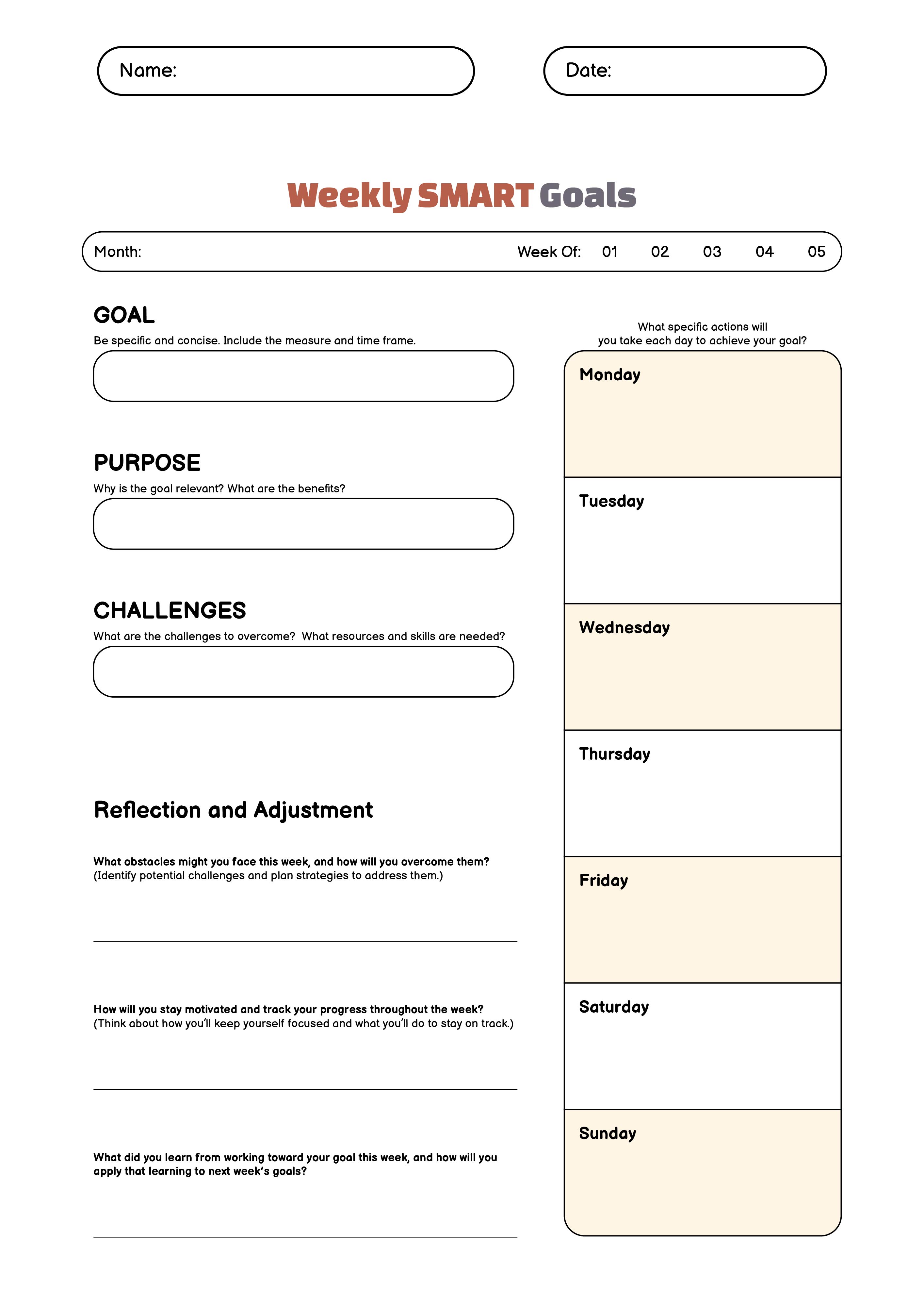 Weekly SMART Goals Worksheet Planner