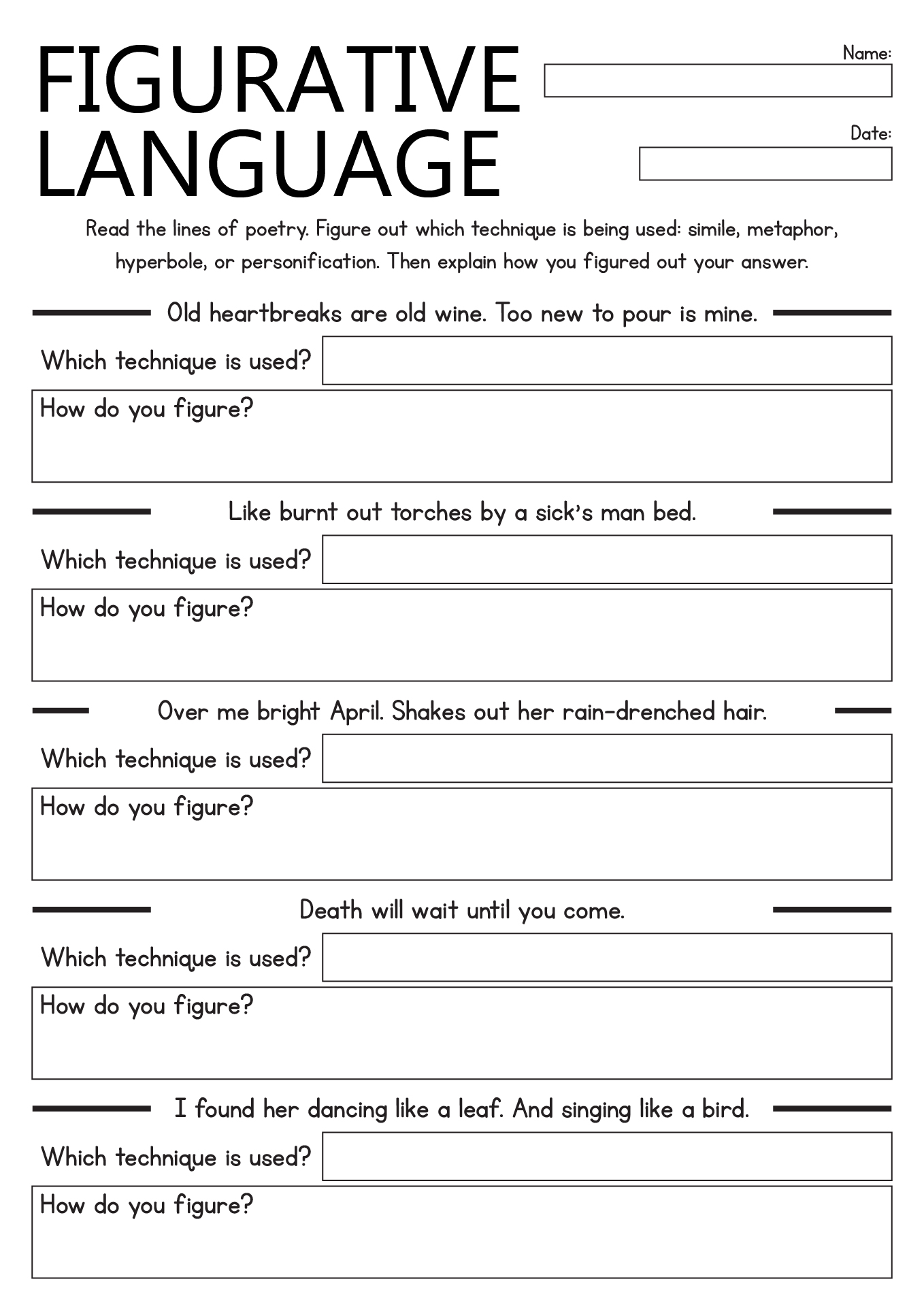 Worksheets For Figurative Language In 8th Grade Literature