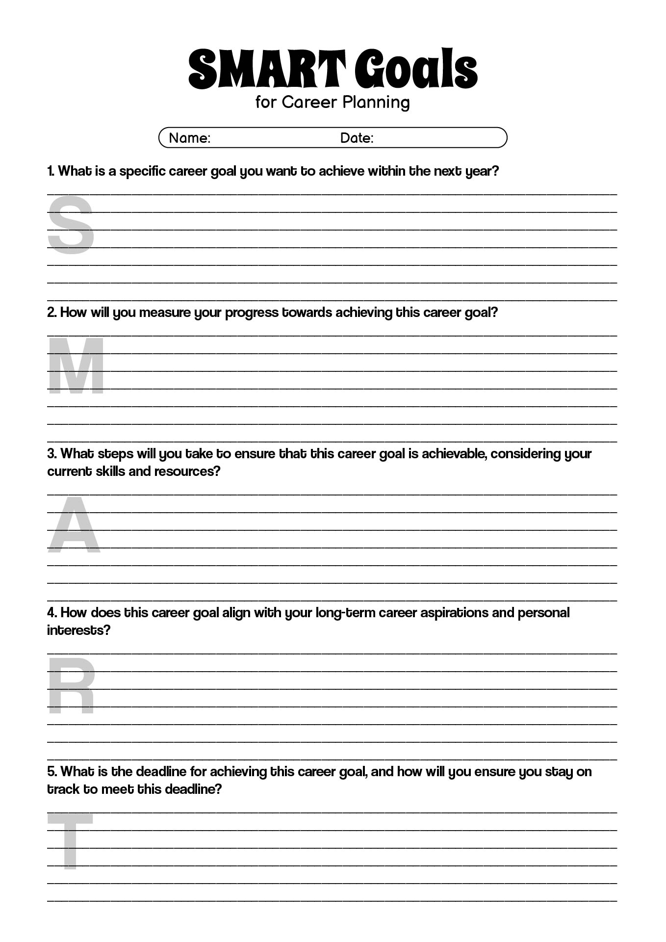 Writing SMART Goals Worksheet for Career Planning