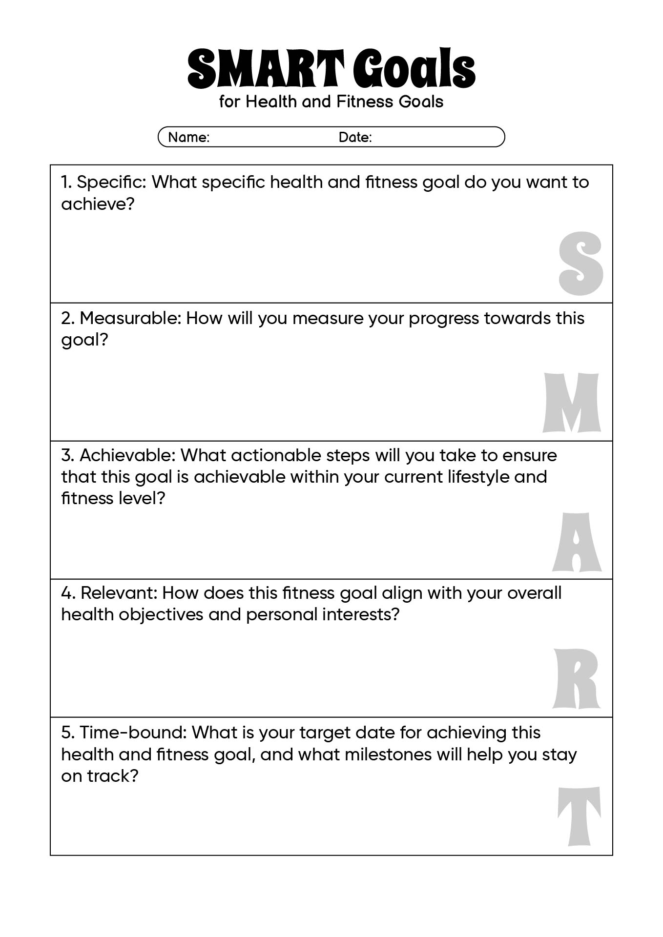 Writing SMART Goals Worksheet for Health and Fitness Goals