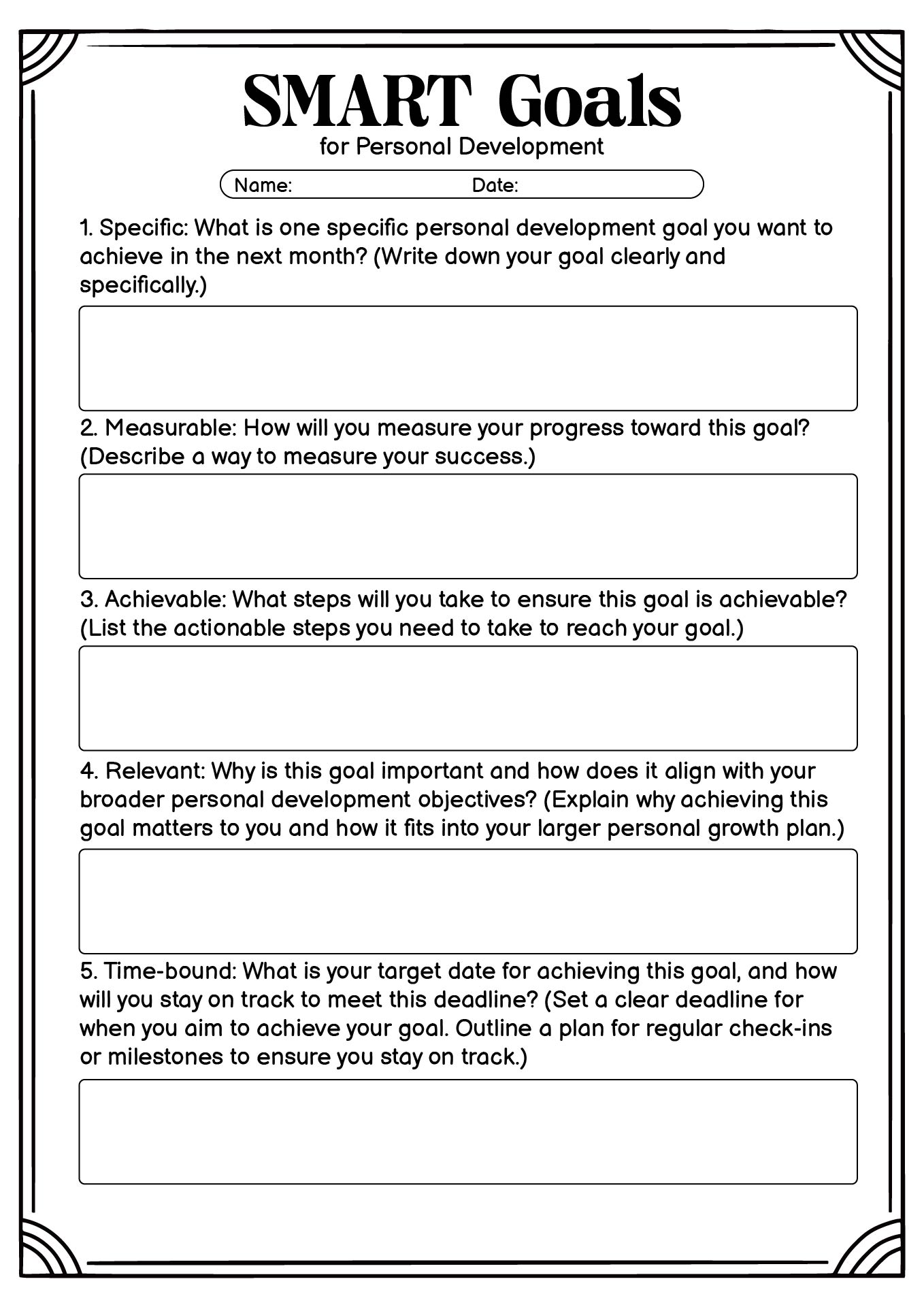 Writing SMART Goals Worksheet for Personal Development