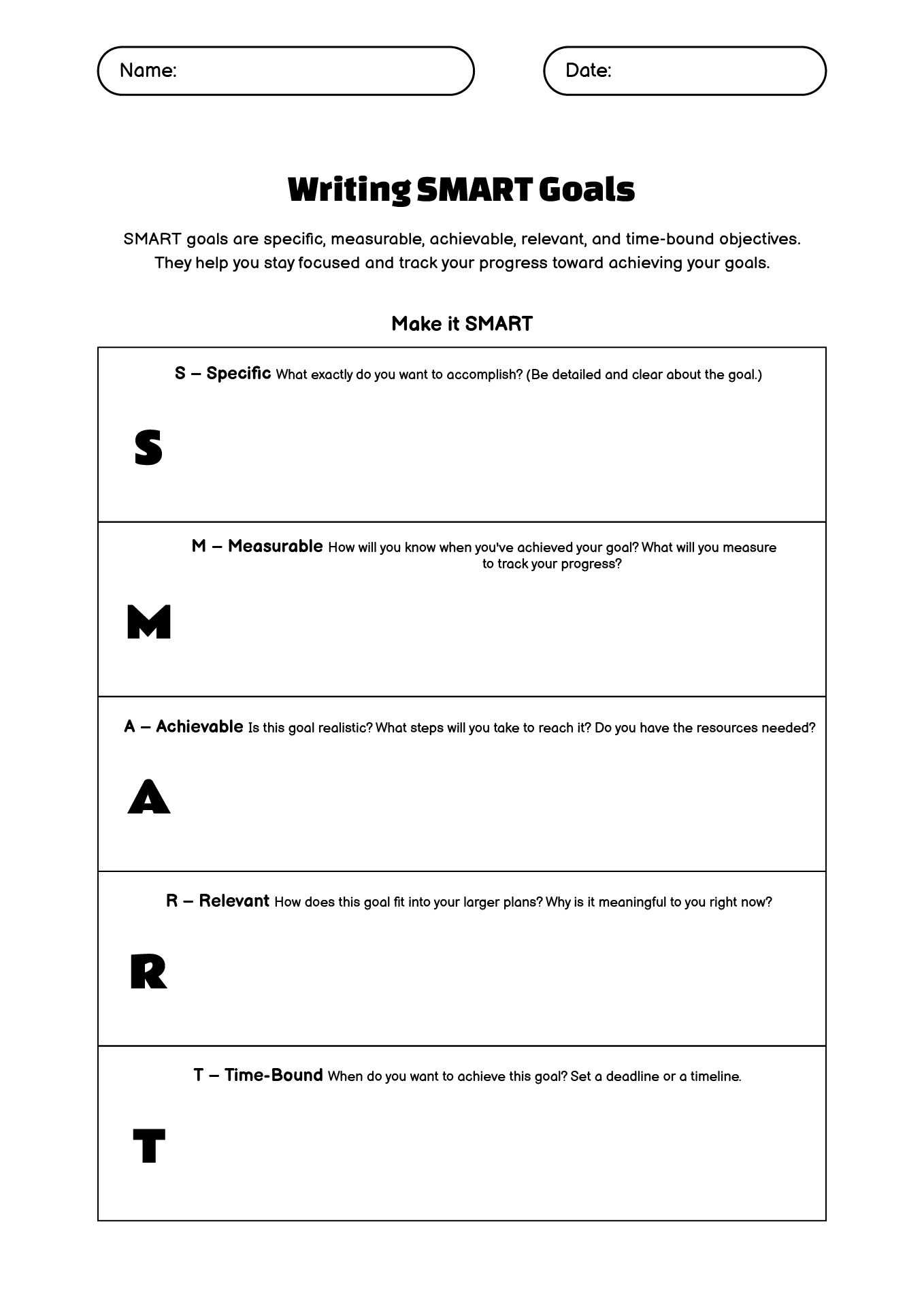 Writing SMART Goals Worksheet for Students