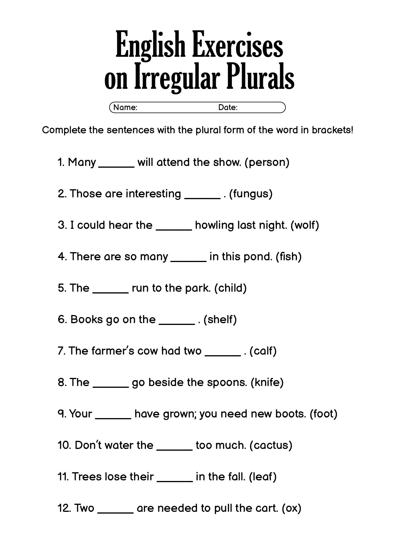 2nd Grade English Exercises on Irregular Plurals