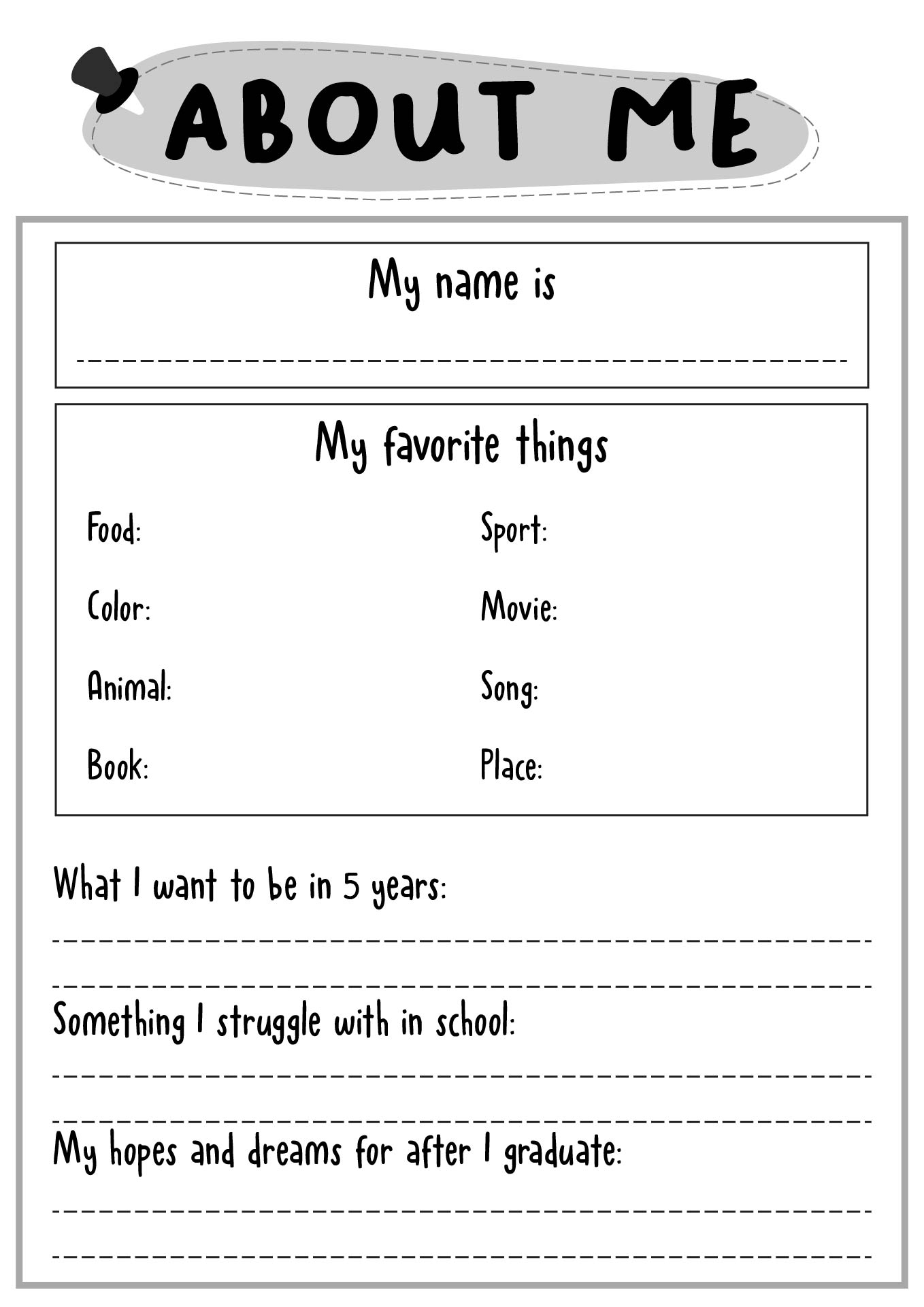 About Me Worksheet For Middle School Students