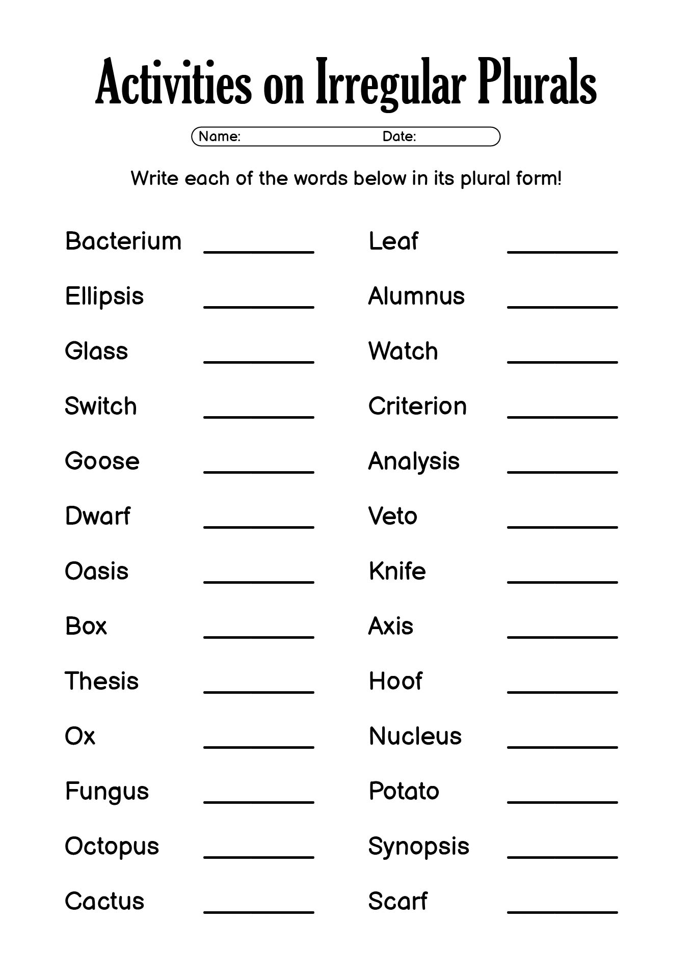 Activities on Irregular Plurals for Second Grade Students