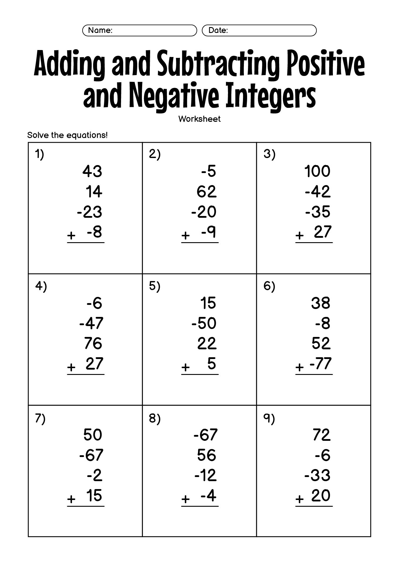 Adding and Subtracting Positive and Negative Integers Worksheets