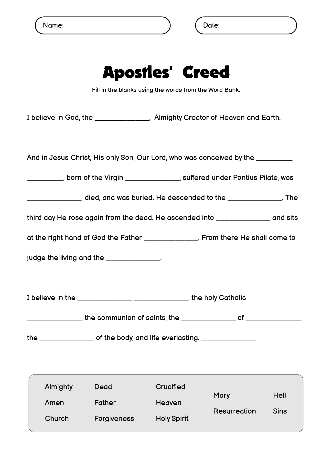 Apostles Creed Activity Worksheet for Sunday School