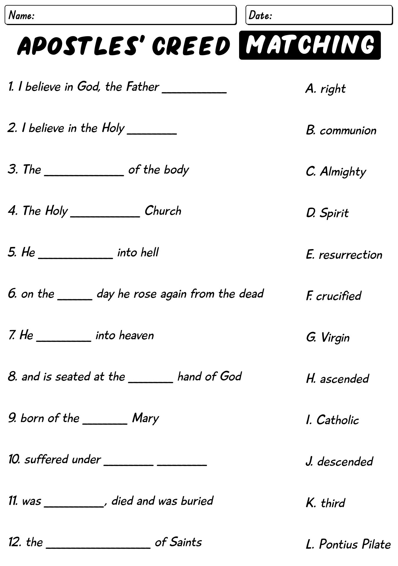 Apostles Creed Confirmation Worksheet