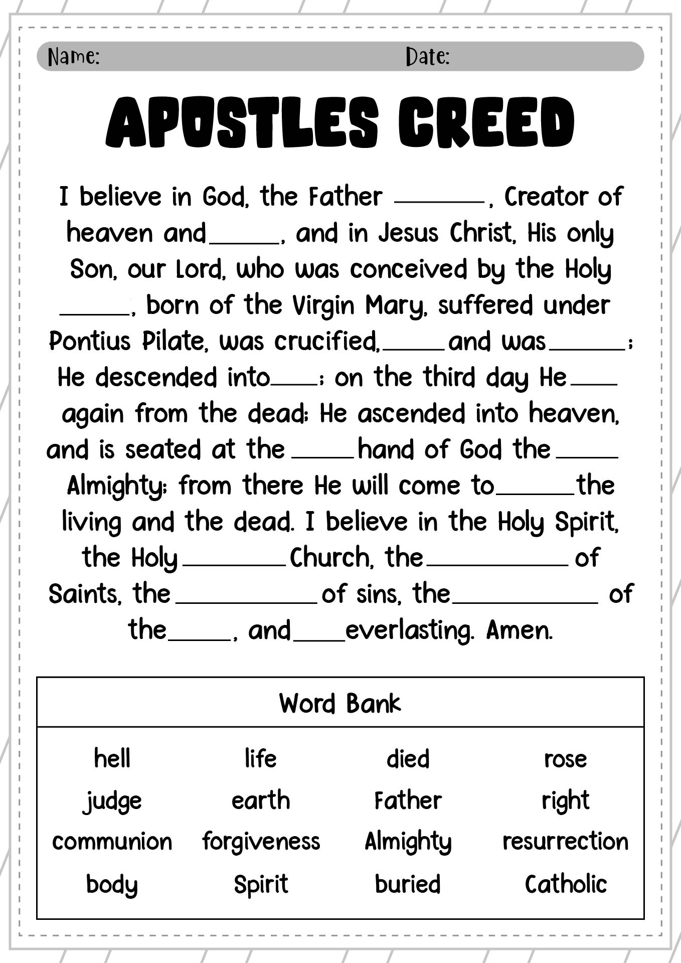 Apostles Creed Printable Activity Sheet