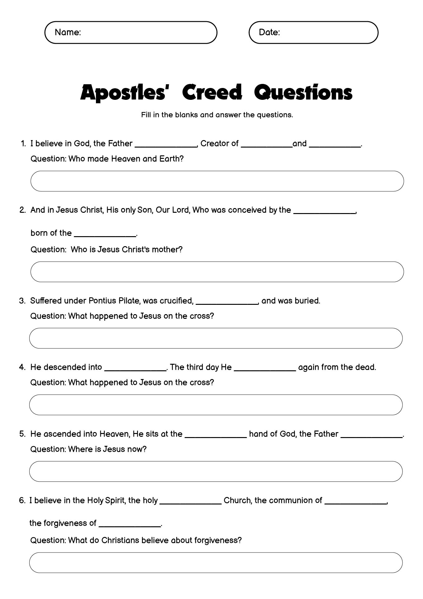 Apostles Creed Questions Worksheet for Bible Study