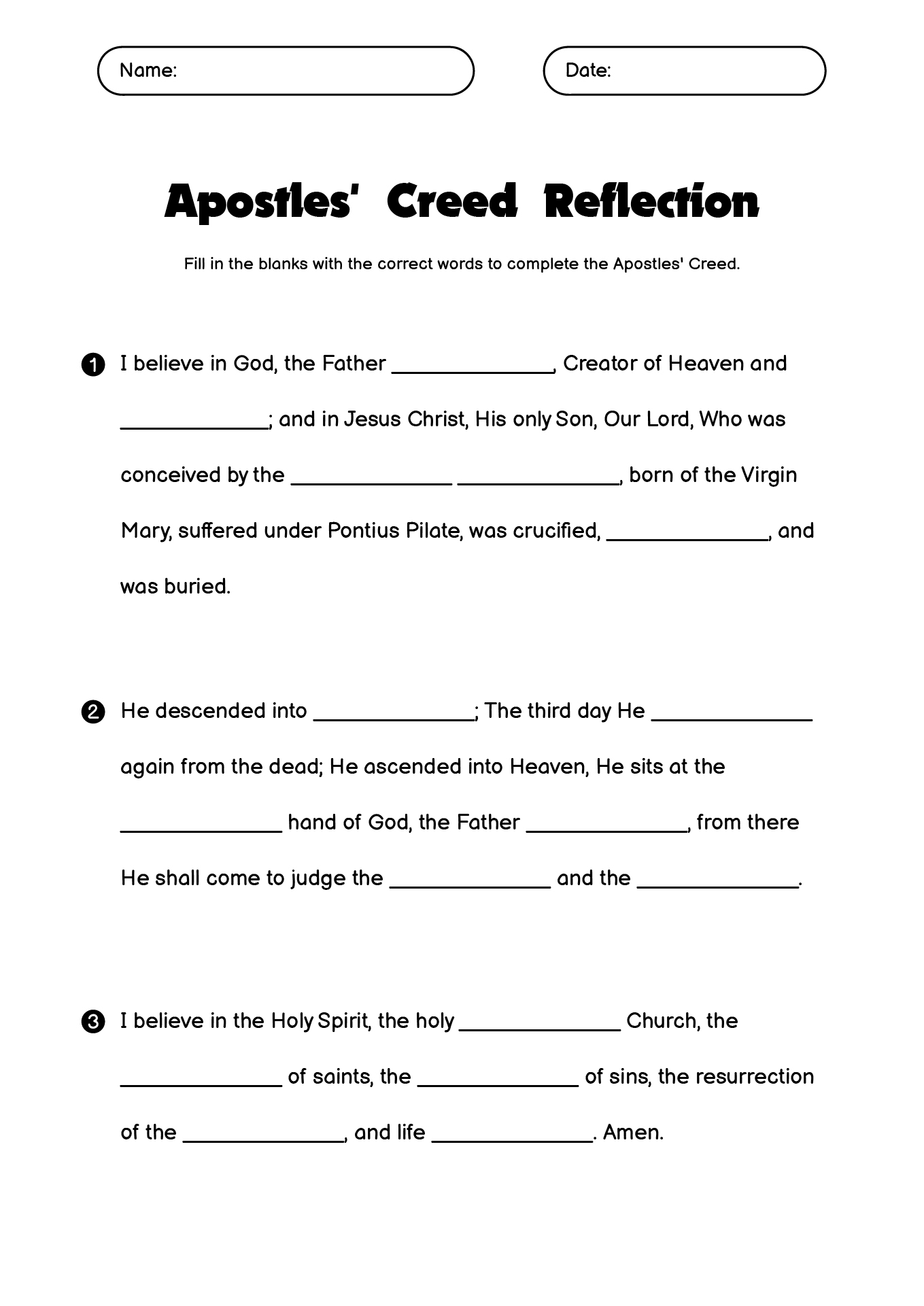 Apostles Creed Reflection Worksheet for Youth